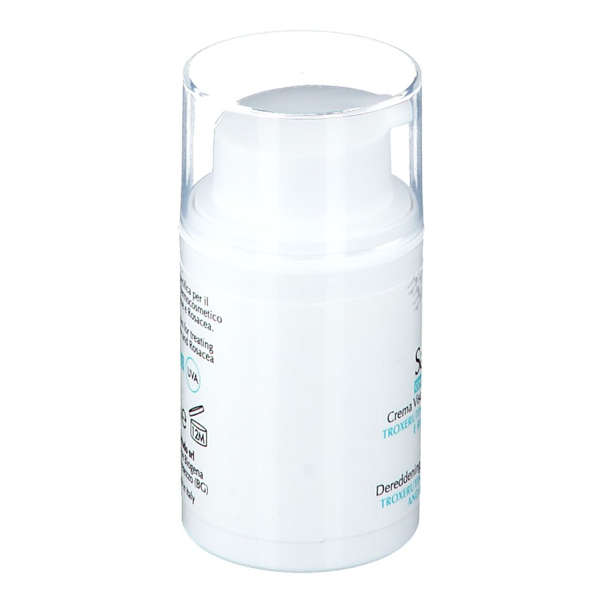 Tubo di crema bianco con coperchio trasparente. Scritta: Save Rose, Crema Viso Disarrossante e Lenitiva. Logo Biogena.