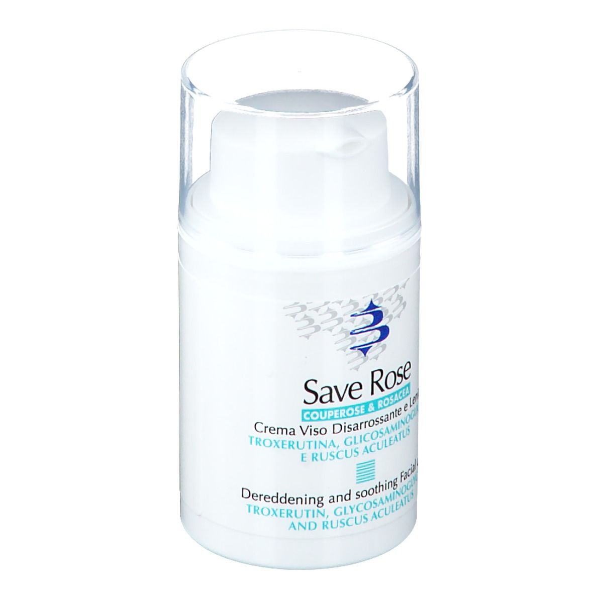 Tubo di crema bianco con coperchio trasparente. Scritta: Save Rose, Crema Viso Disarrossante e Lenitiva. Logo Biogena.