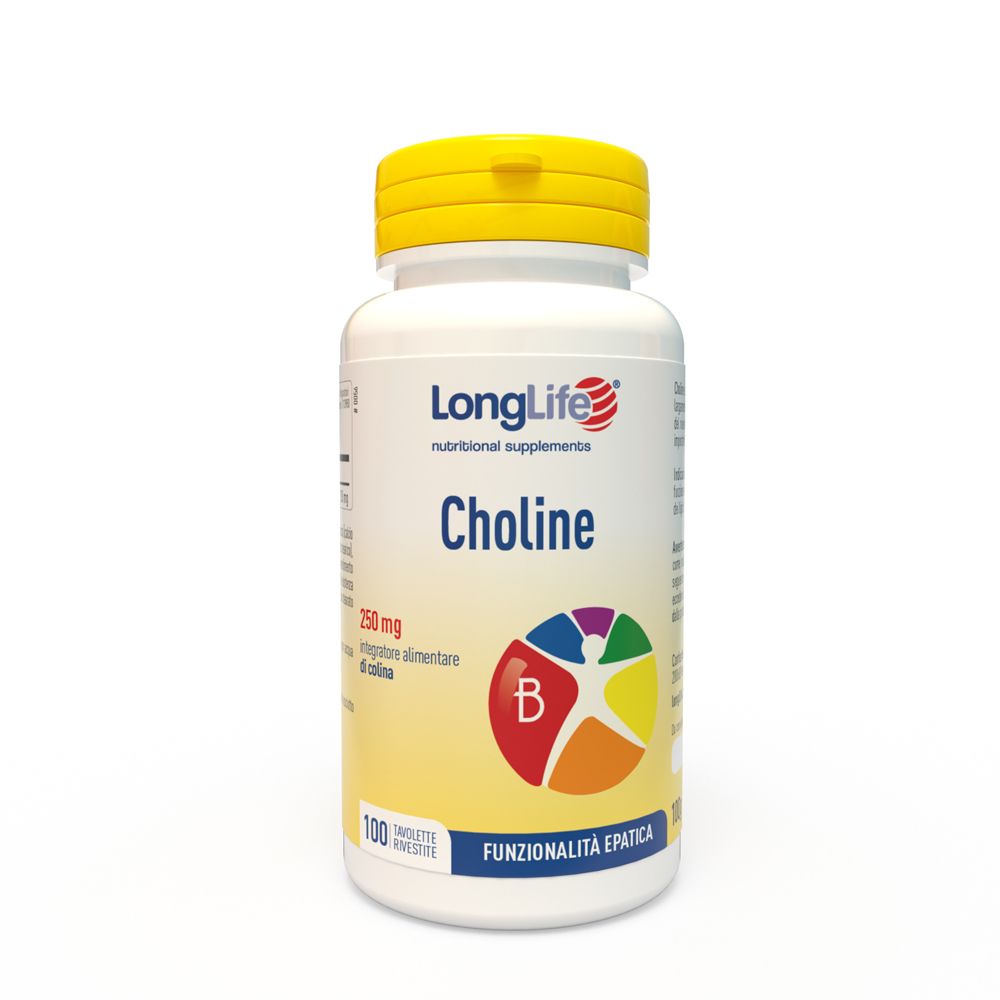 Flacone bianco, tappo giallo. Scritta: LongLife Choline, 250mg, 100 compresse. Grafica colorata.