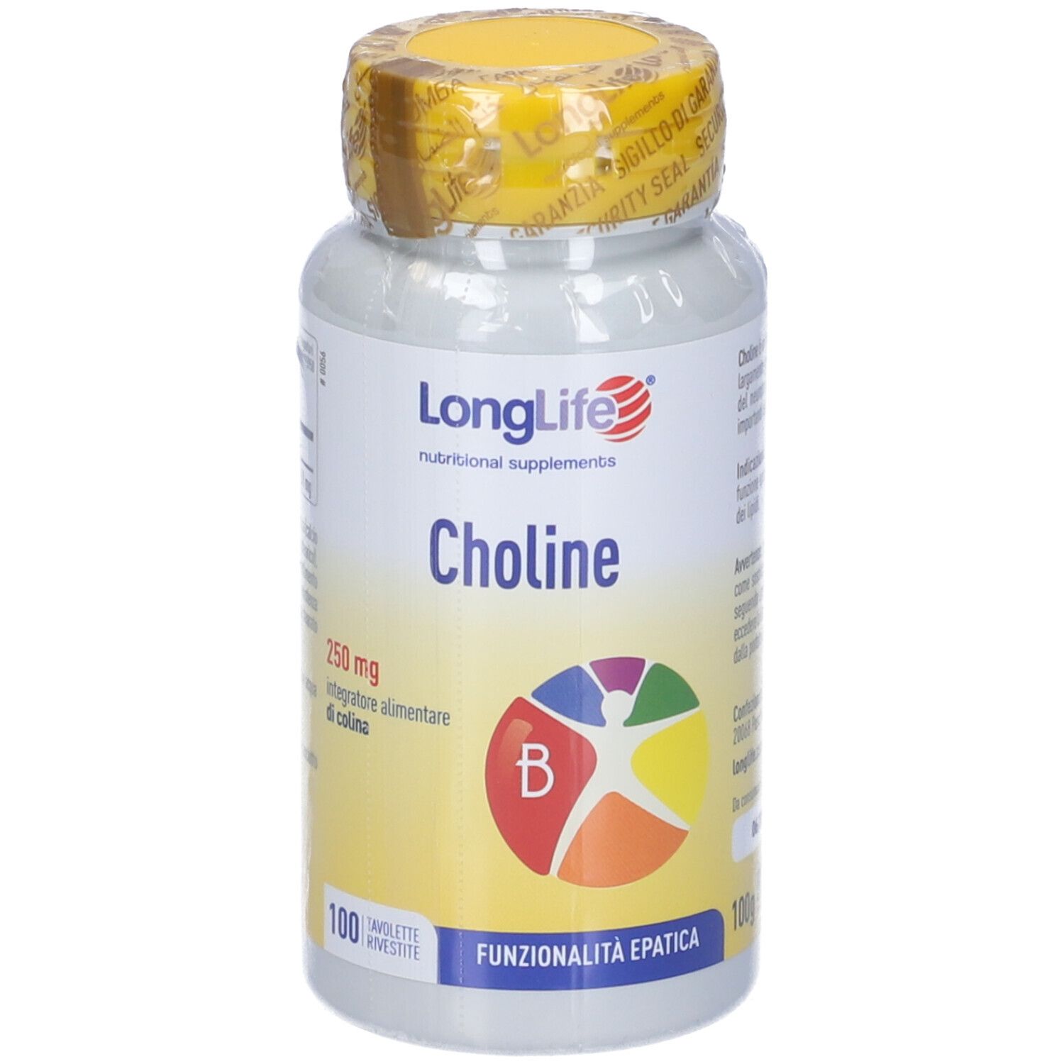 Flacone bianco, tappo giallo e sigillo. Scritta: LongLife Choline, 250mg, 100 compresse. Grafica colorata.