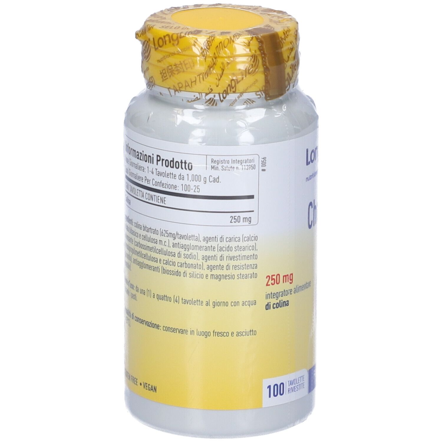 Retro flacone. Testo: Informazioni prodotto, ingredienti, dosaggio. 100 compresse. Vegan.