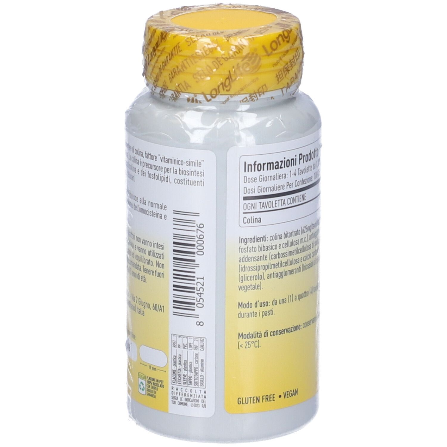 Retro flacone. Testo: Informazioni prodotto, ingredienti, dosaggio. Senza glutine, Vegan.