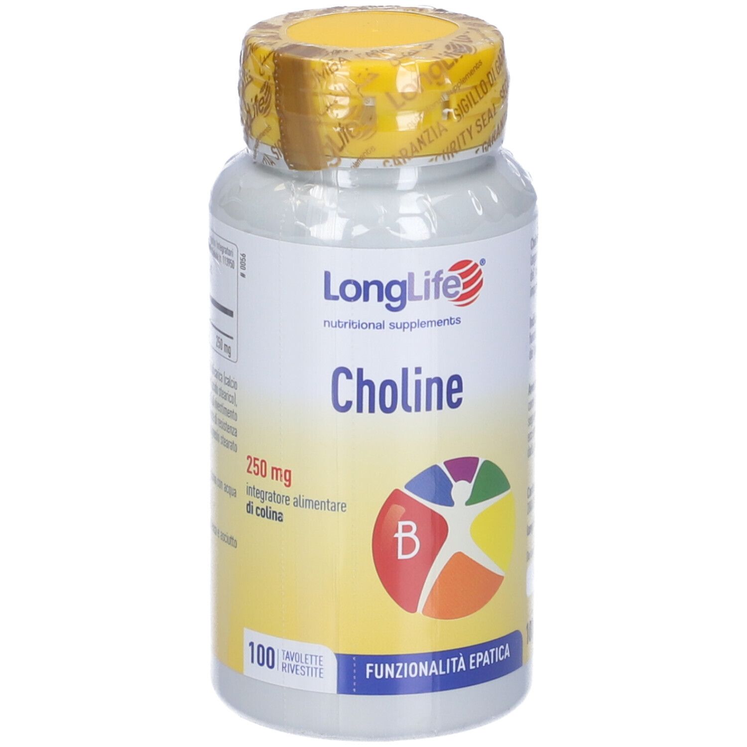 Flacone bianco, tappo giallo. Scritta: LongLife Choline, 250mg, 100 compresse. Grafica colorata.