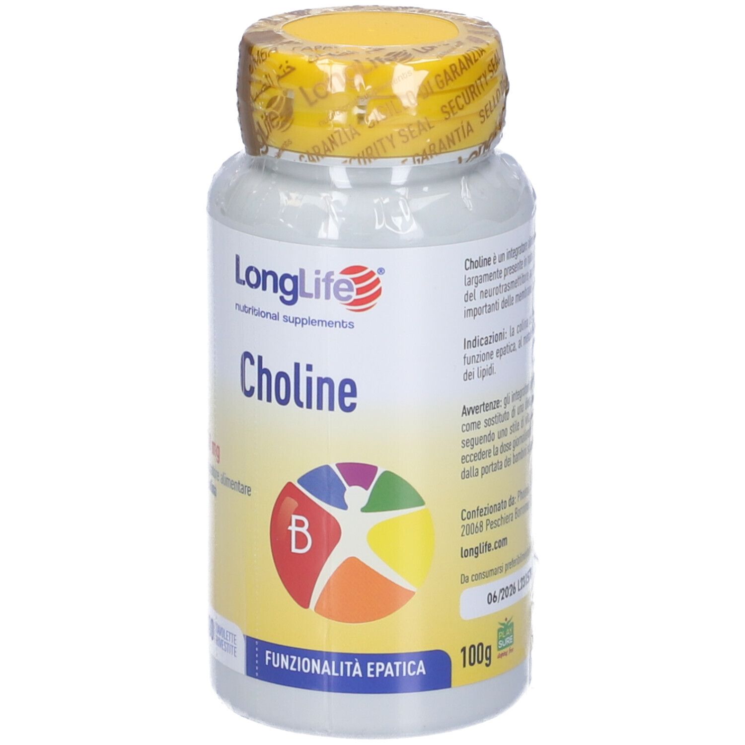 Flacone bianco, tappo giallo. Scritta: LongLife Choline, 250mg, 100g. Grafica colorata. Testo.