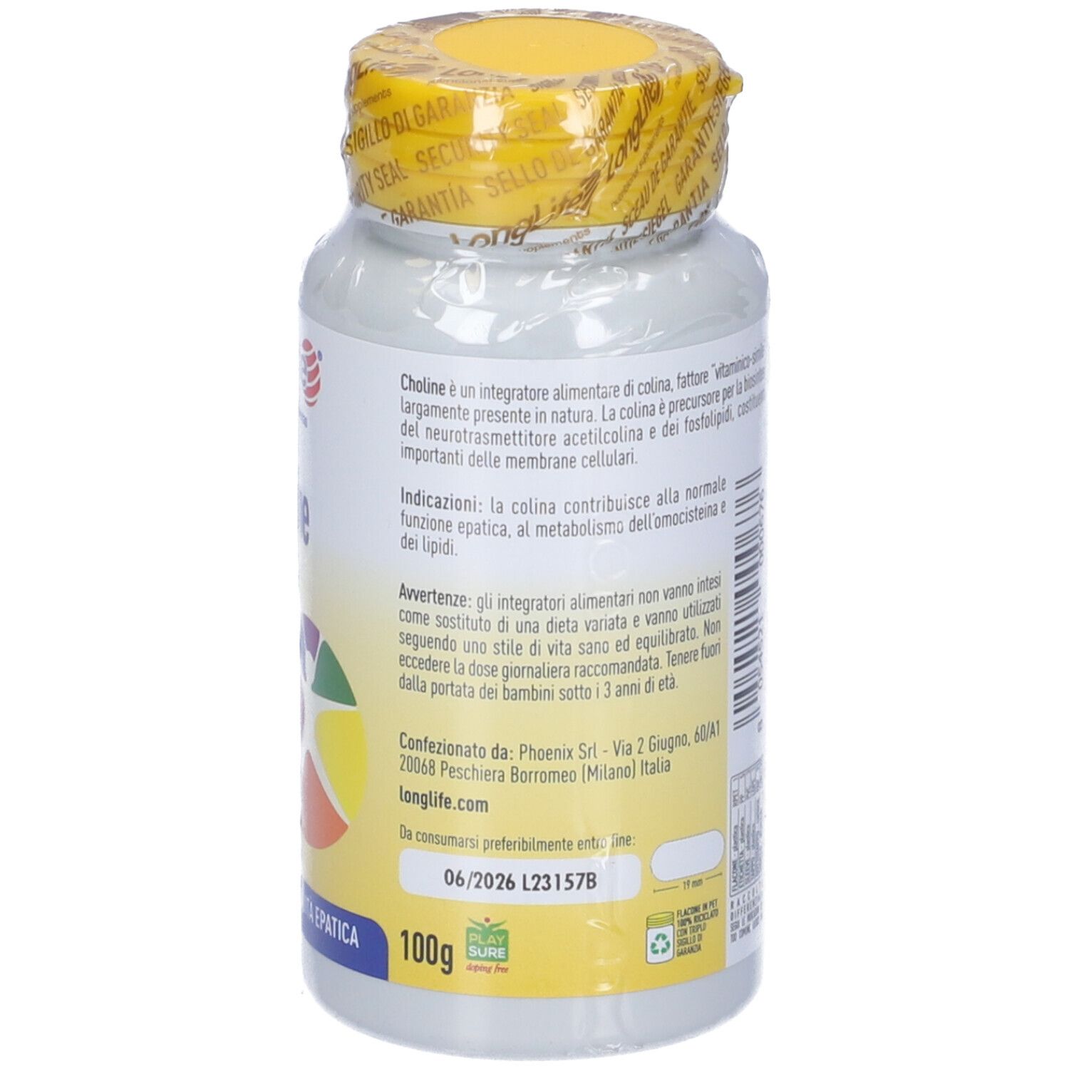 Retro flacone. Testo: Informazioni prodotto, ingredienti, dosaggio. 100g. Scadenza.