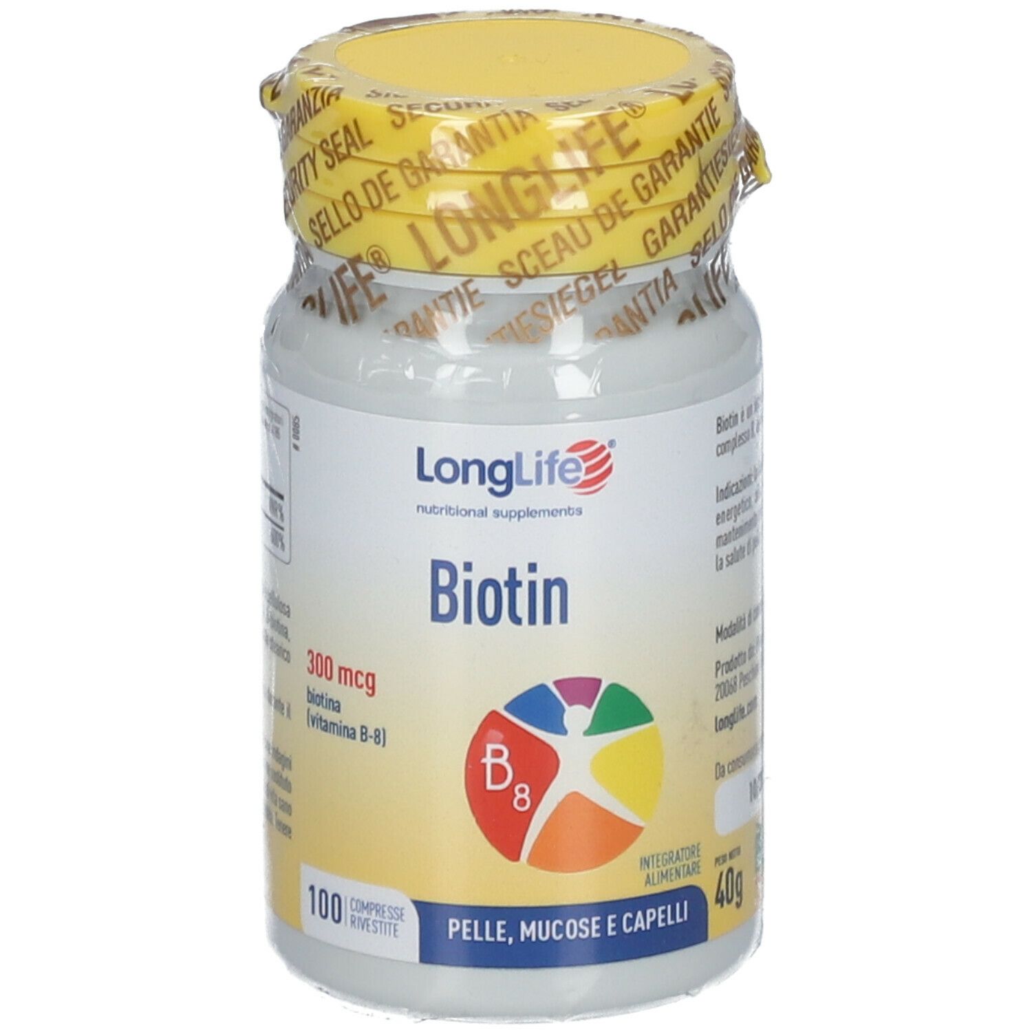 Flacone bianco con tappo giallo e sigillo. Scritta: LongLife Biotin 300 mcg. 100 compresse. Per pelle, mucose e capelli.
