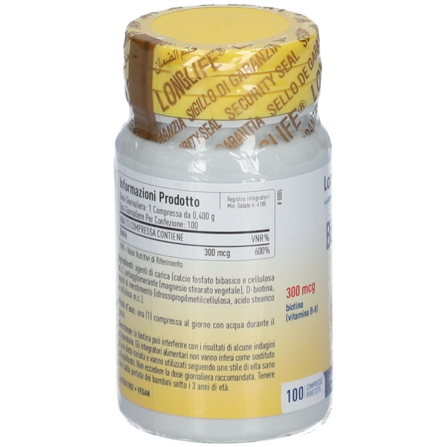 Flacone bianco con tappo giallo e sigillo. Retro con informazioni prodotto. 100 compresse. 300 mcg biotina.