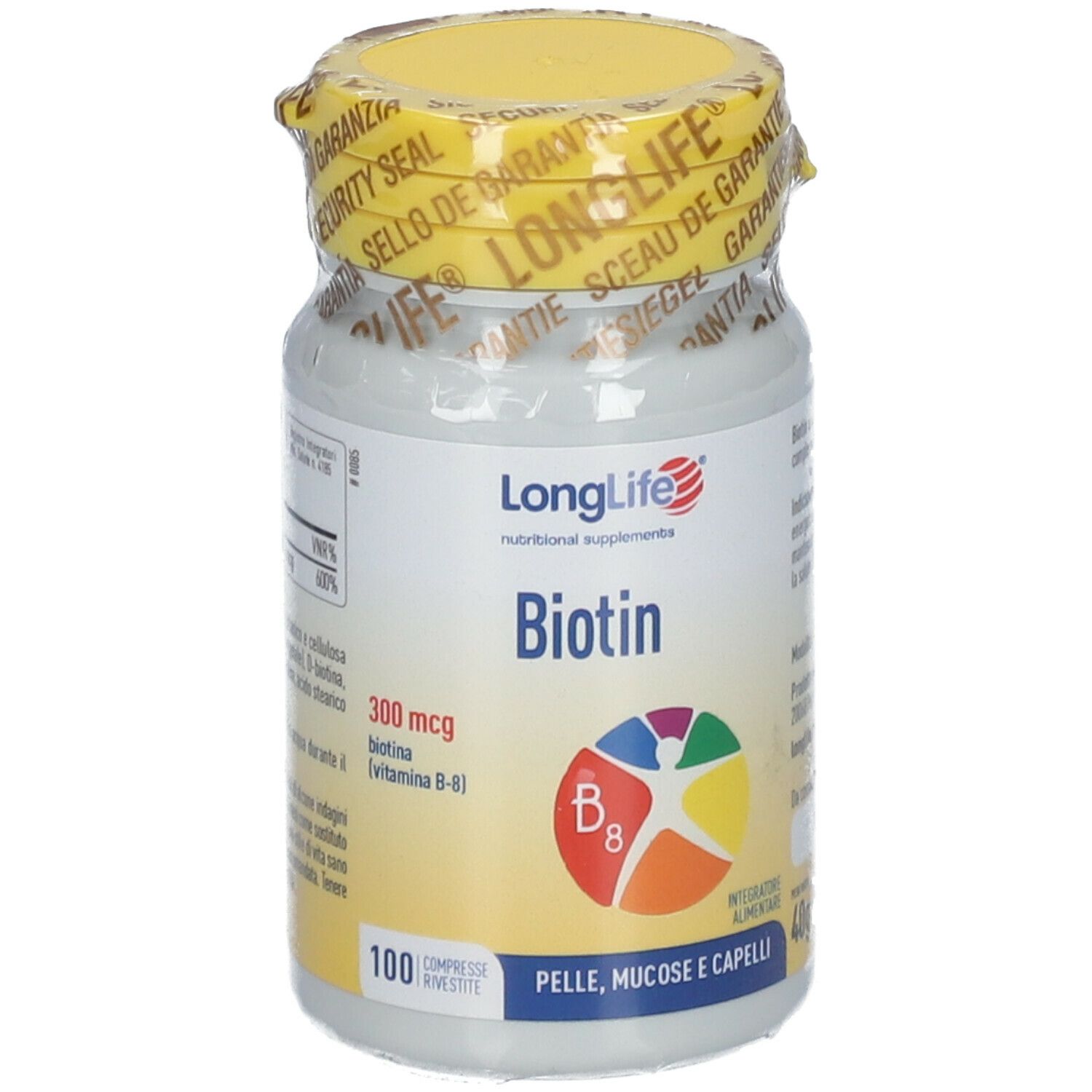 Flacone bianco con tappo giallo e sigillo. Scritta: LongLife Biotin 300 mcg. 100 compresse. Per pelle, mucose e capelli.