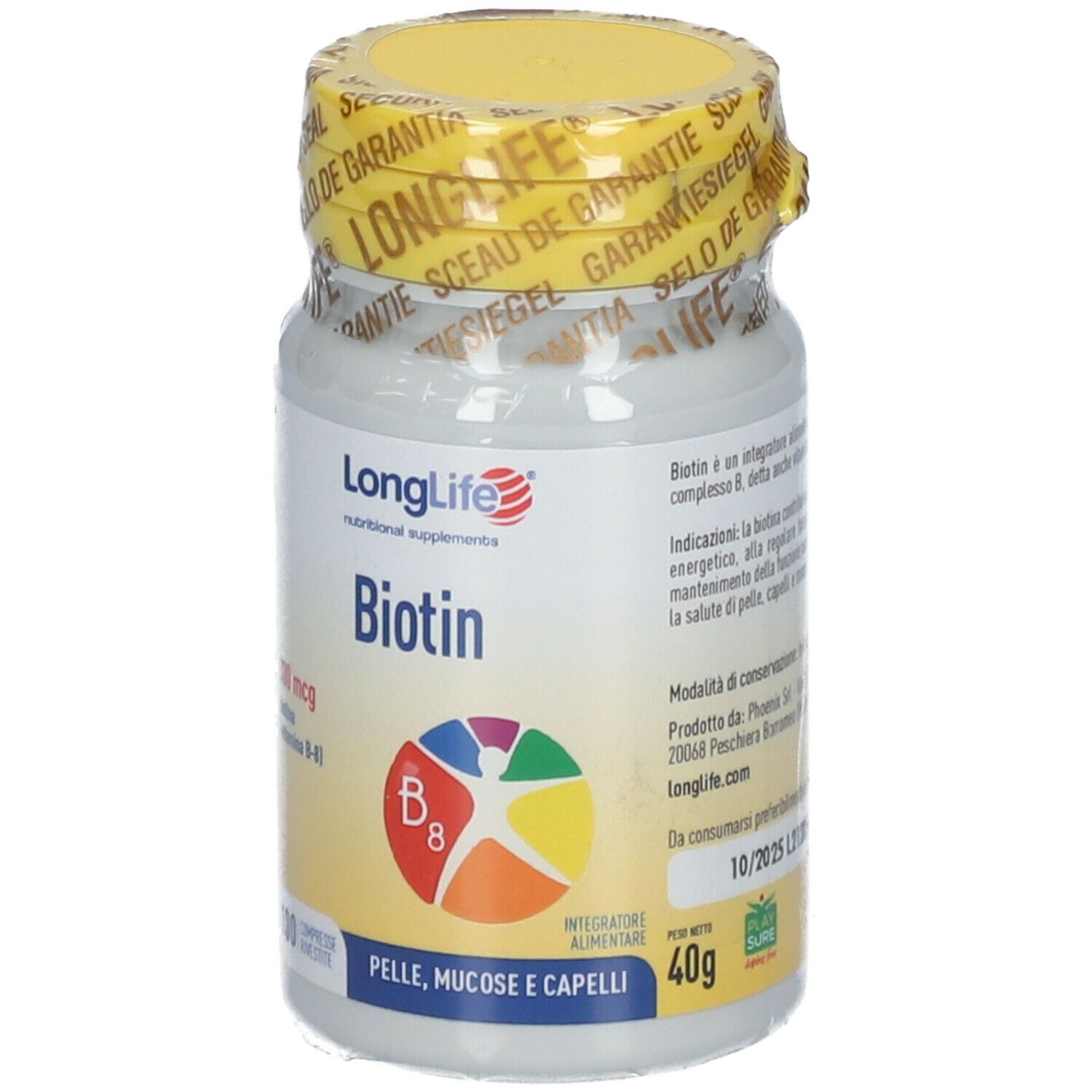 Flacone bianco con tappo giallo e sigillo. Scritta: LongLife Biotin 300 mcg. 100 compresse. 40g. Per pelle, mucose e capelli.