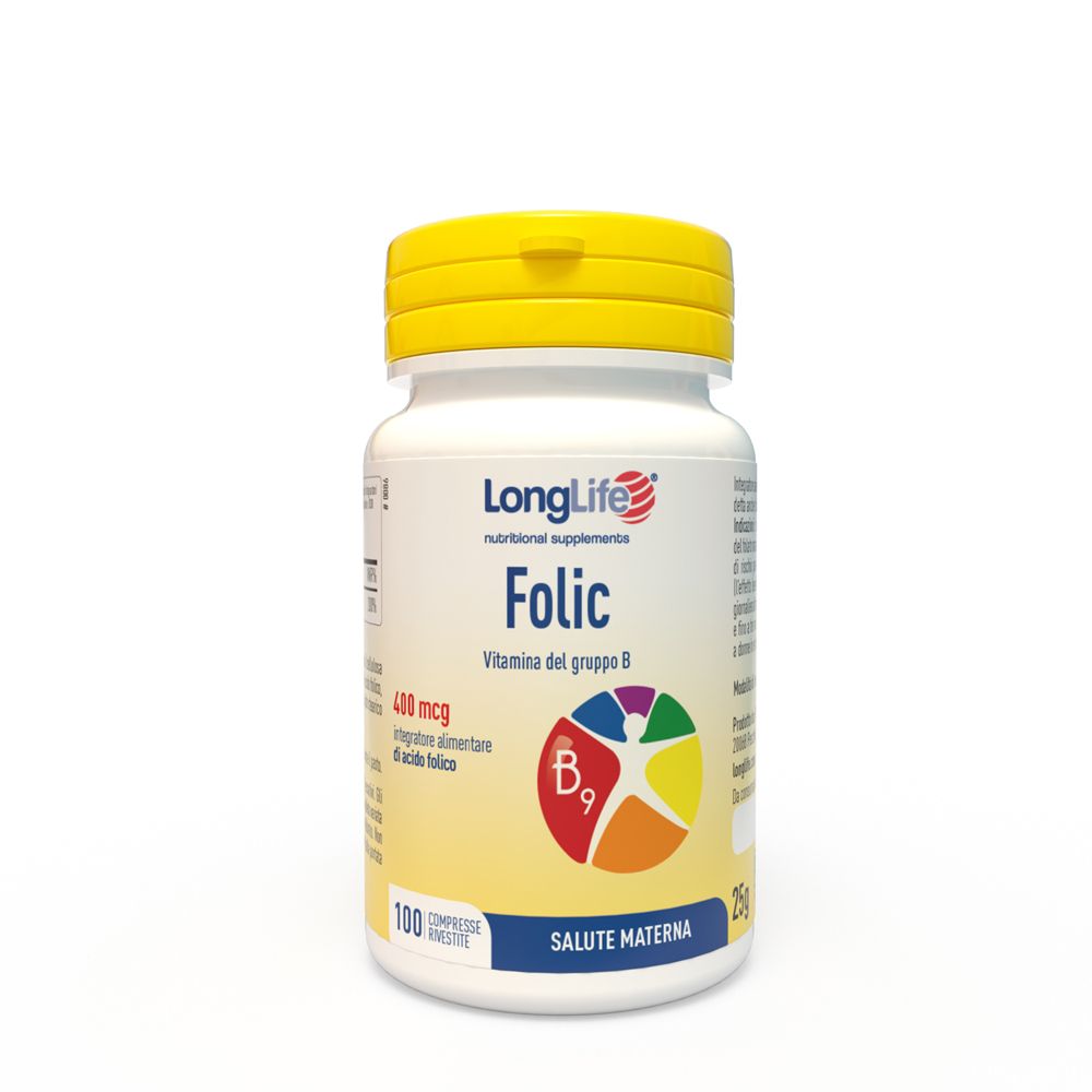 Flacone bianco con tappo giallo. Scritta: LongLife Folic, 400 mcg, vitamina B9. 100 compresse.