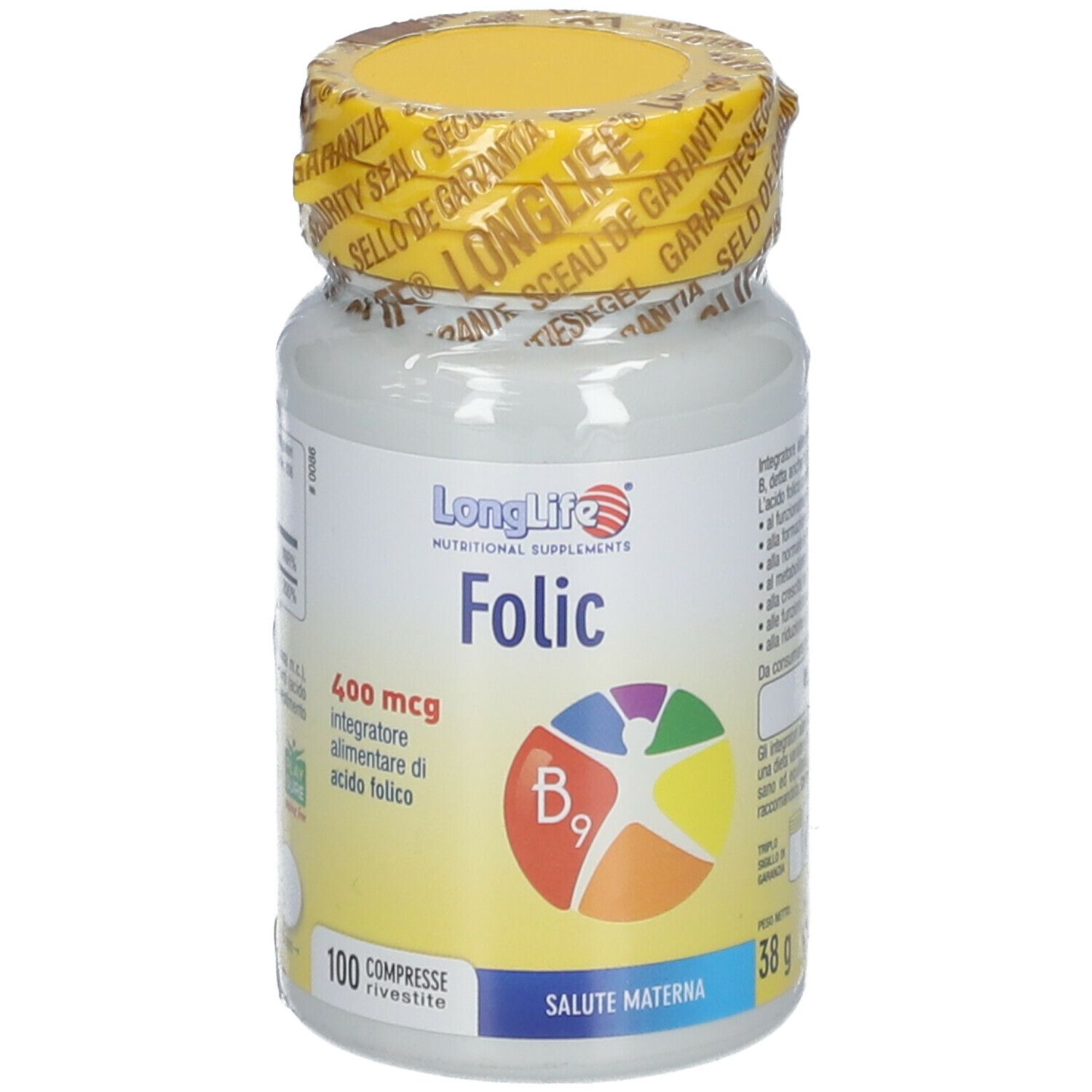 Flacone bianco con tappo giallo e sigillo. Scritta: LongLife Folic, 400 mcg, vitamina B9. 100 compresse.