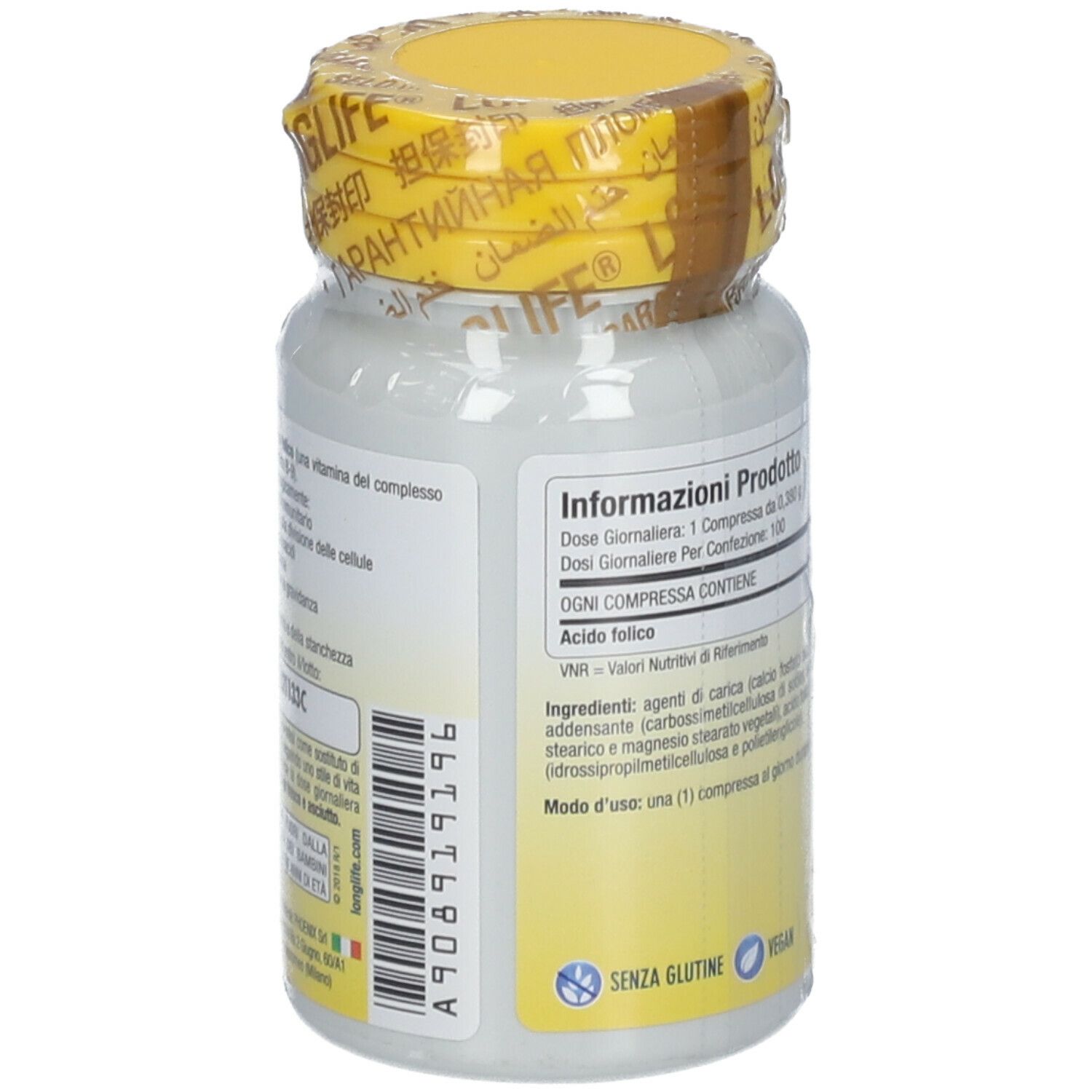 Flacone bianco con tappo giallo e sigillo. Retro con informazioni prodotto e ingredienti.