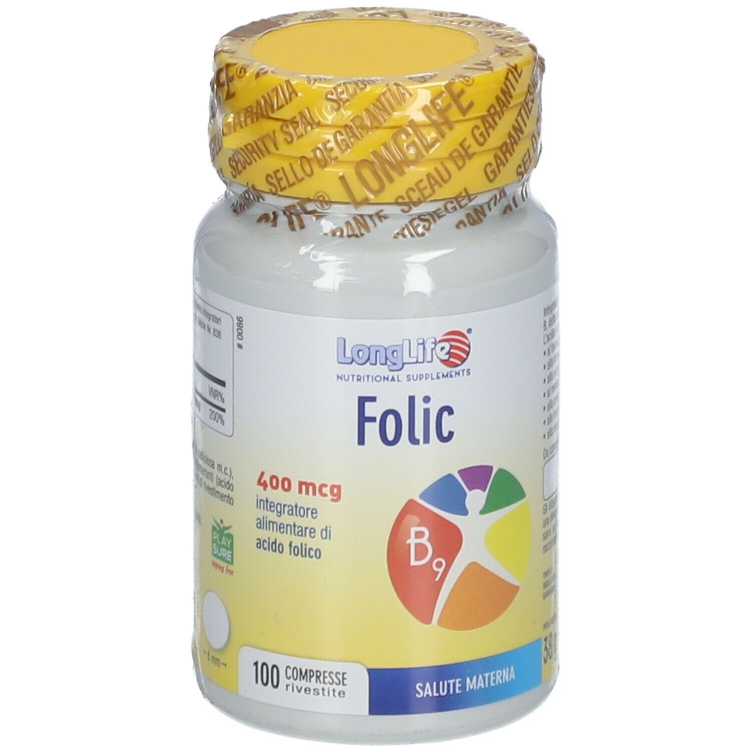 Flacone bianco con tappo giallo e sigillo. Scritta: LongLife Folic, 400 mcg, vitamina B9. 100 compresse.