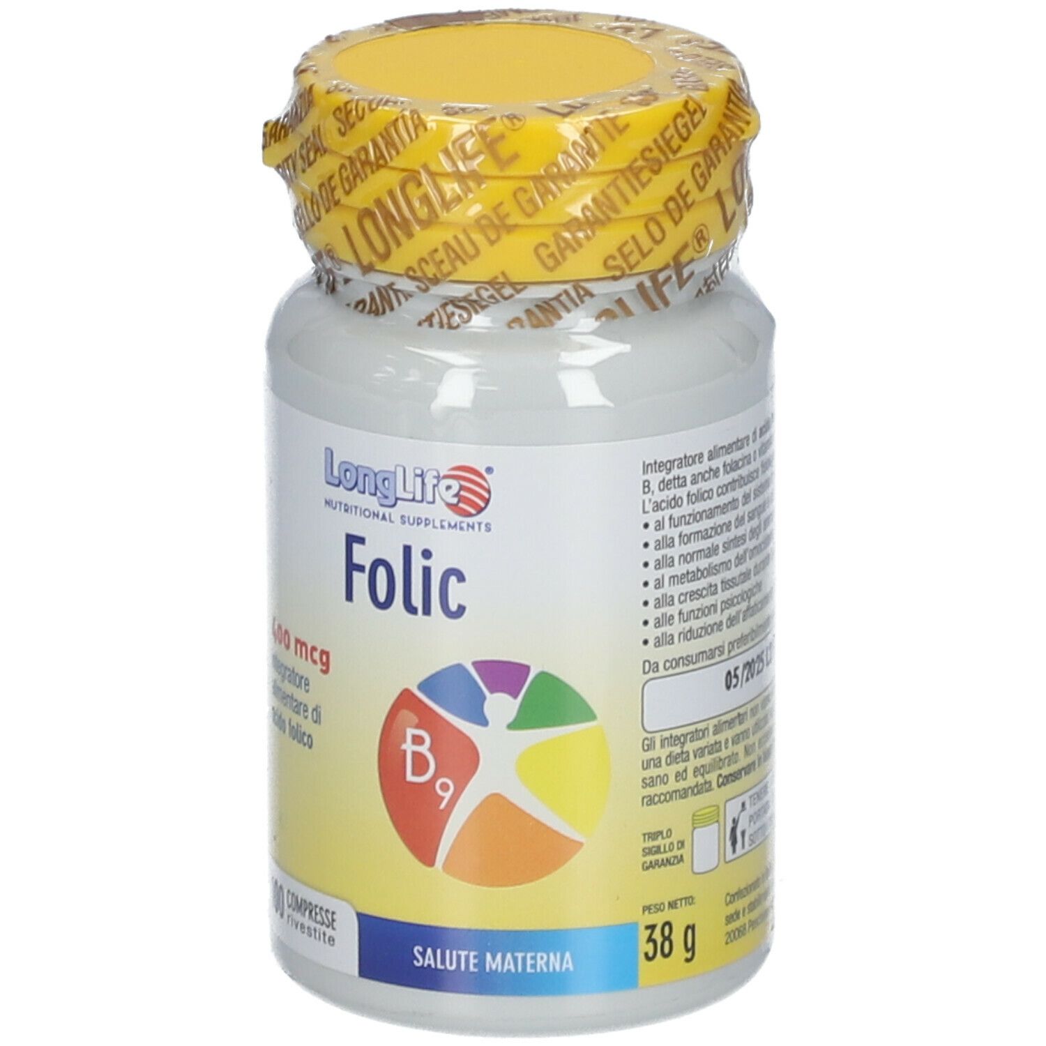 Flacone bianco con tappo giallo e sigillo. Scritta: LongLife Folic, 400 mcg, vitamina B9. 100 compresse.