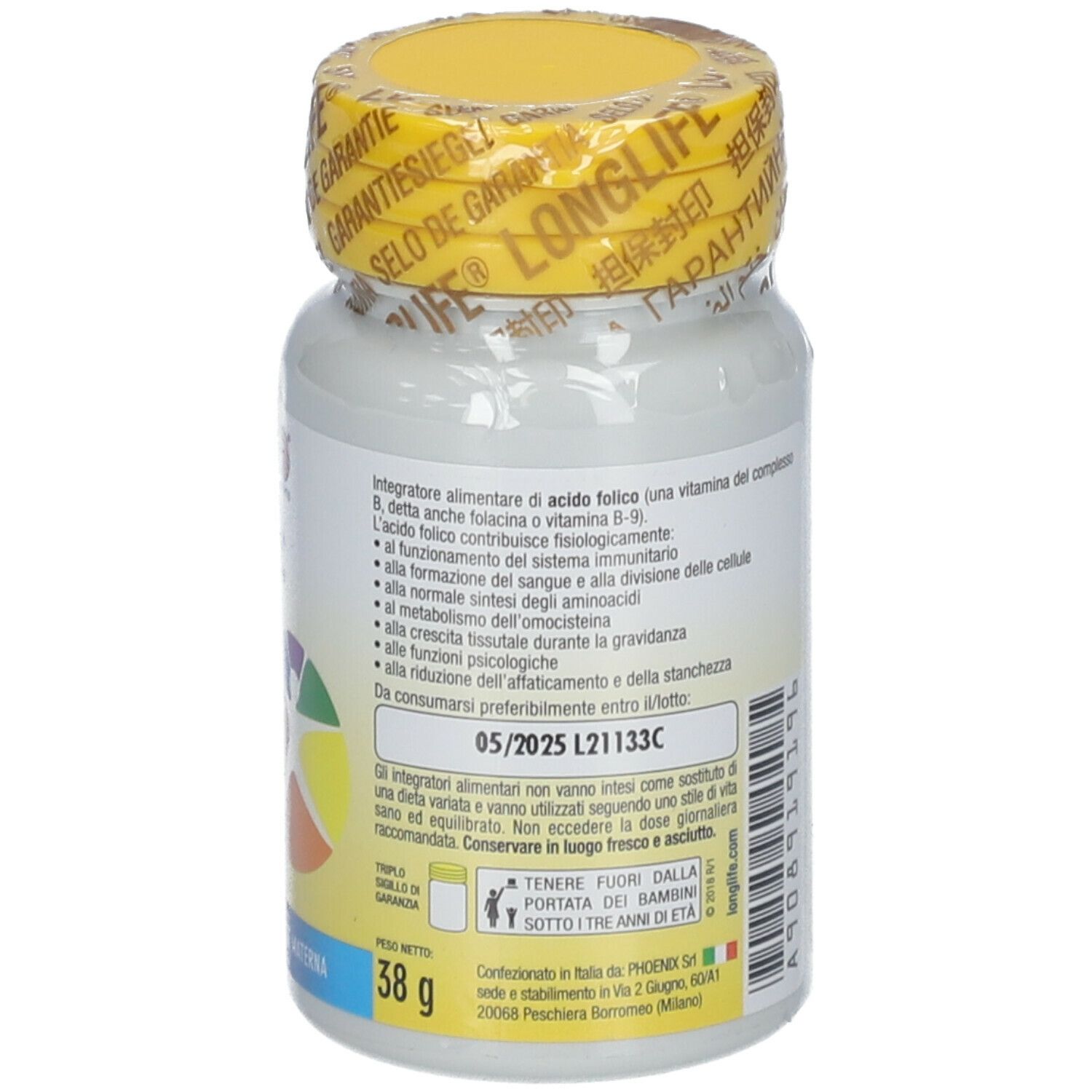 Flacone bianco con tappo giallo e sigillo. Retro con informazioni prodotto e ingredienti.