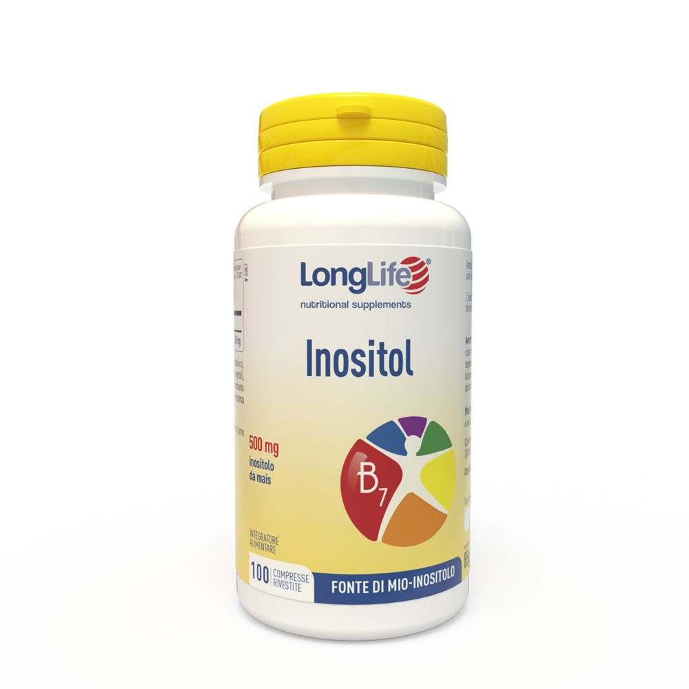Flacone bianco con tappo giallo. Scritta: LongLife Inositol. Contiene 100 compresse.
