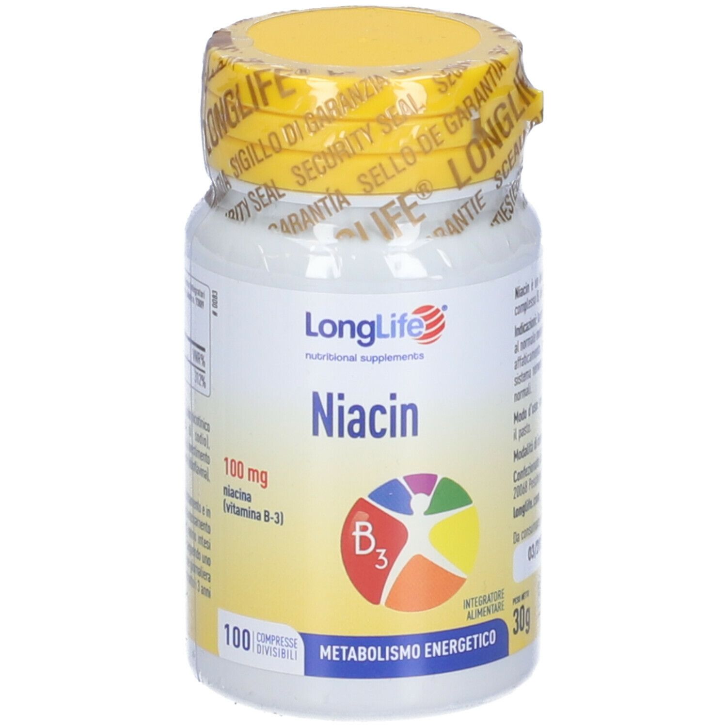 Flacone bianco con tappo giallo e sigillo di sicurezza. Scritta: Niacin, 100 mg, 100 compresse. Logo.