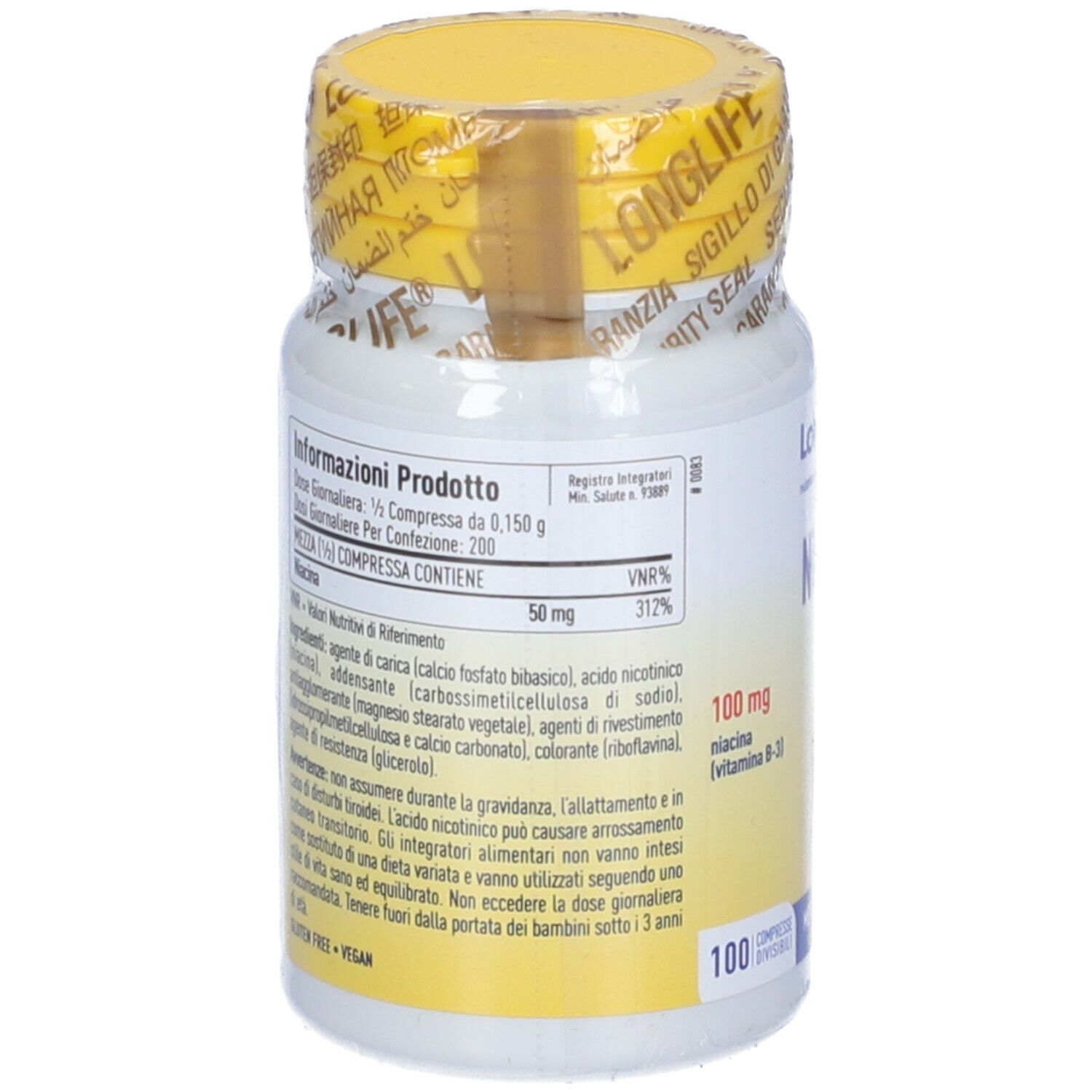Flacone bianco con tappo giallo. Retro con testo. Scritta: 100 mg, 100 compresse. Vegan.