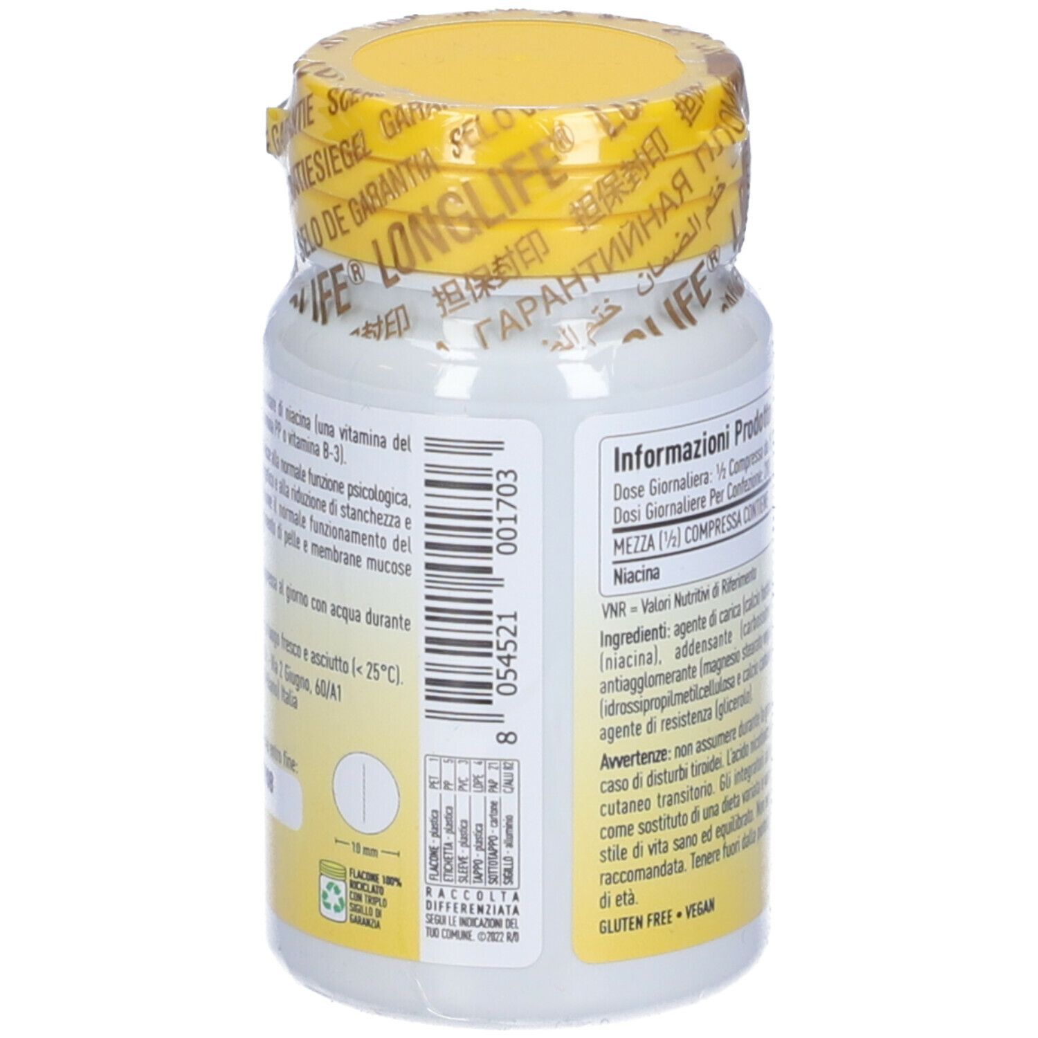 Flacone bianco con tappo giallo. Retro con testo. Scritta: 100 mg, 100 compresse. Vegan.