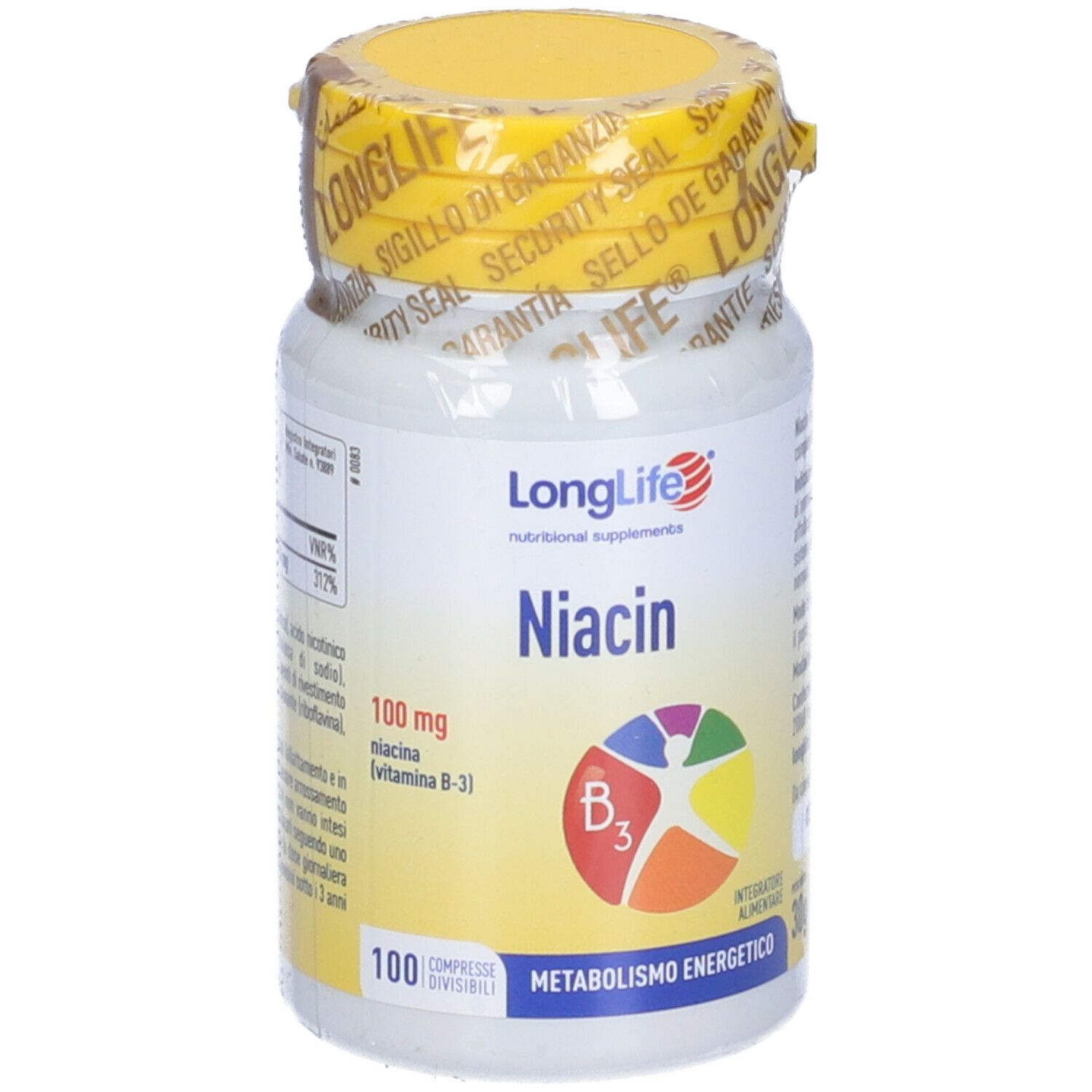 Flacone bianco con tappo giallo e sigillo di sicurezza. Scritta: Niacin, 100 mg, 100 compresse. Logo.