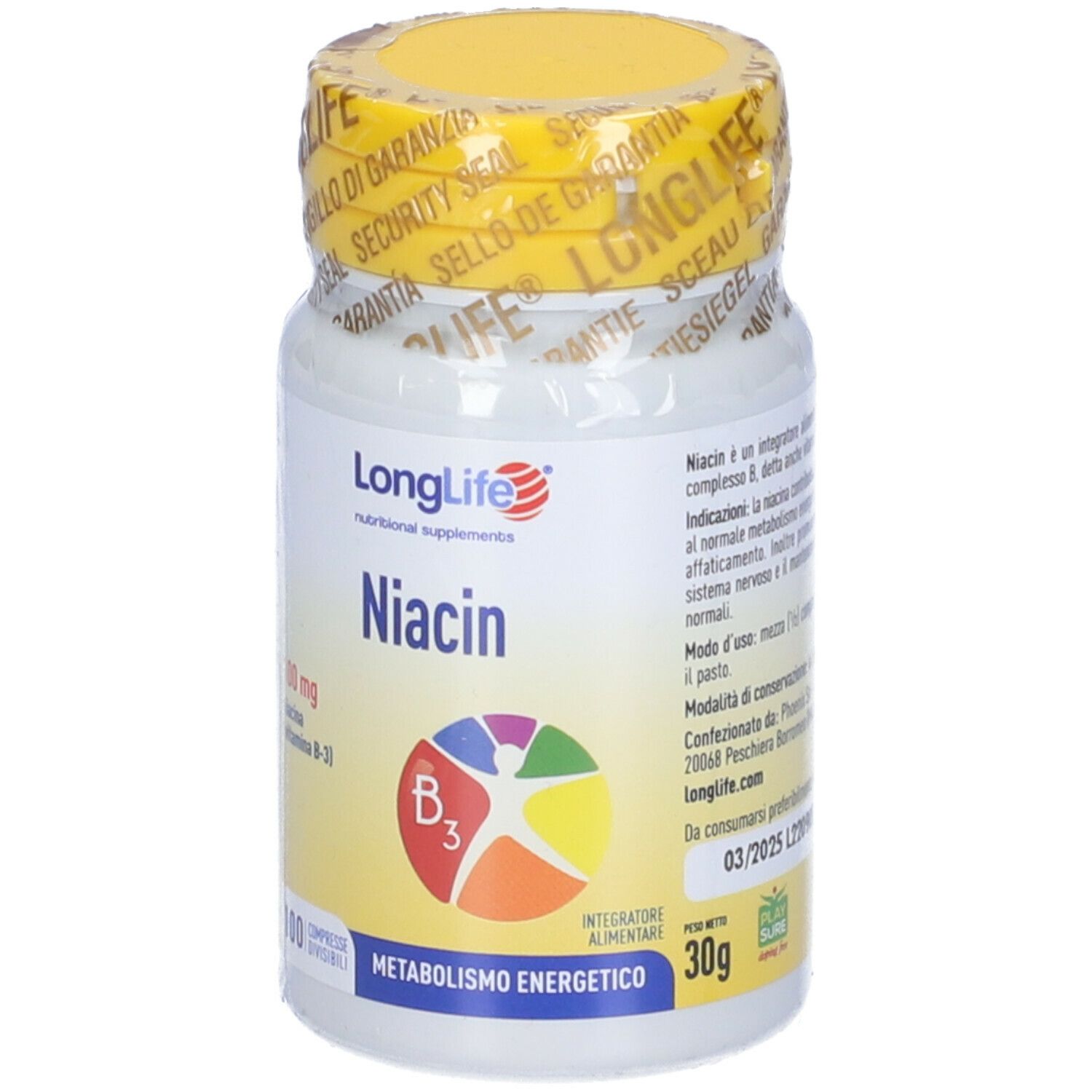 Flacone bianco con tappo giallo e sigillo di sicurezza. Scritta: Niacin, 100 mg, 100 compresse. Logo.