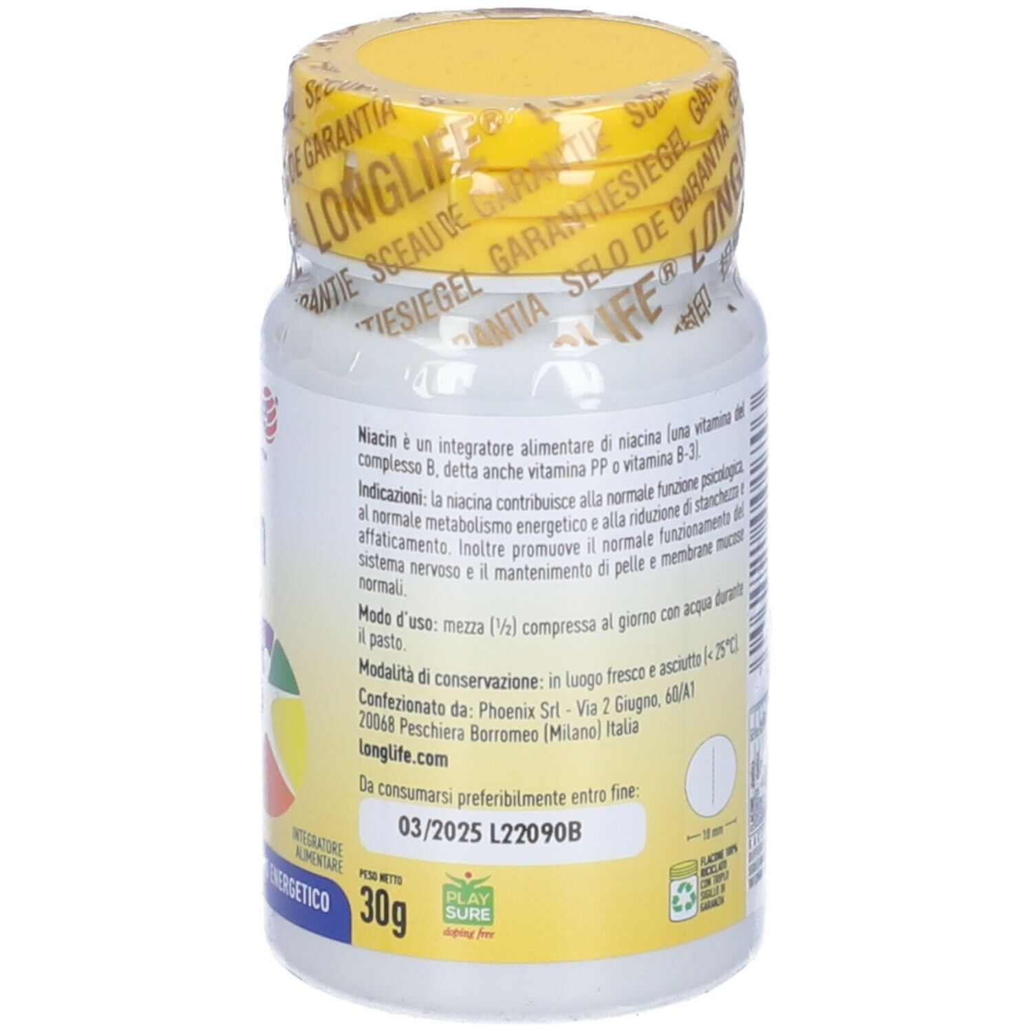 Flacone bianco con tappo giallo e sigillo di sicurezza. Scritta: Niacin, 100 mg, 100 compresse. Logo.