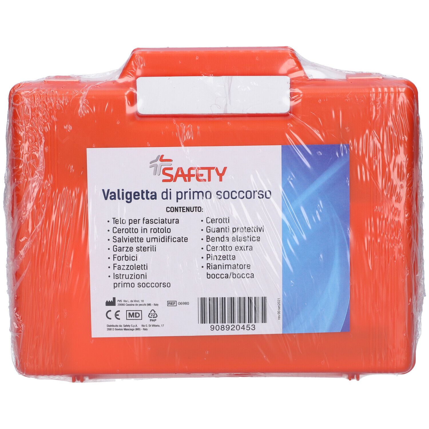 Valigetta di pronto soccorso arancione, confezionata. Contiene medicazioni, forbici, guanti, ecc. Marchio CE visibile.
