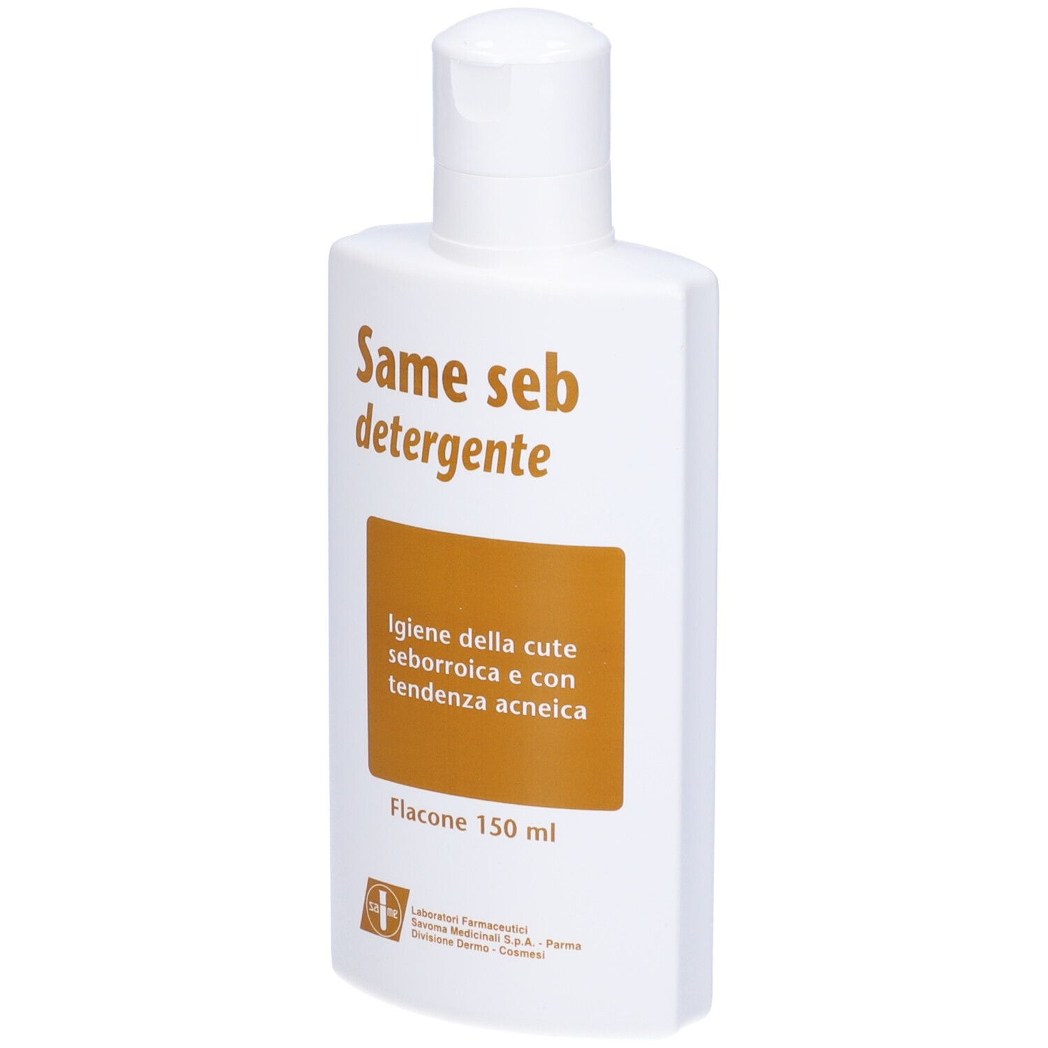Flacone bianco con nome prodotto e riquadro arancione. Testo in italiano.