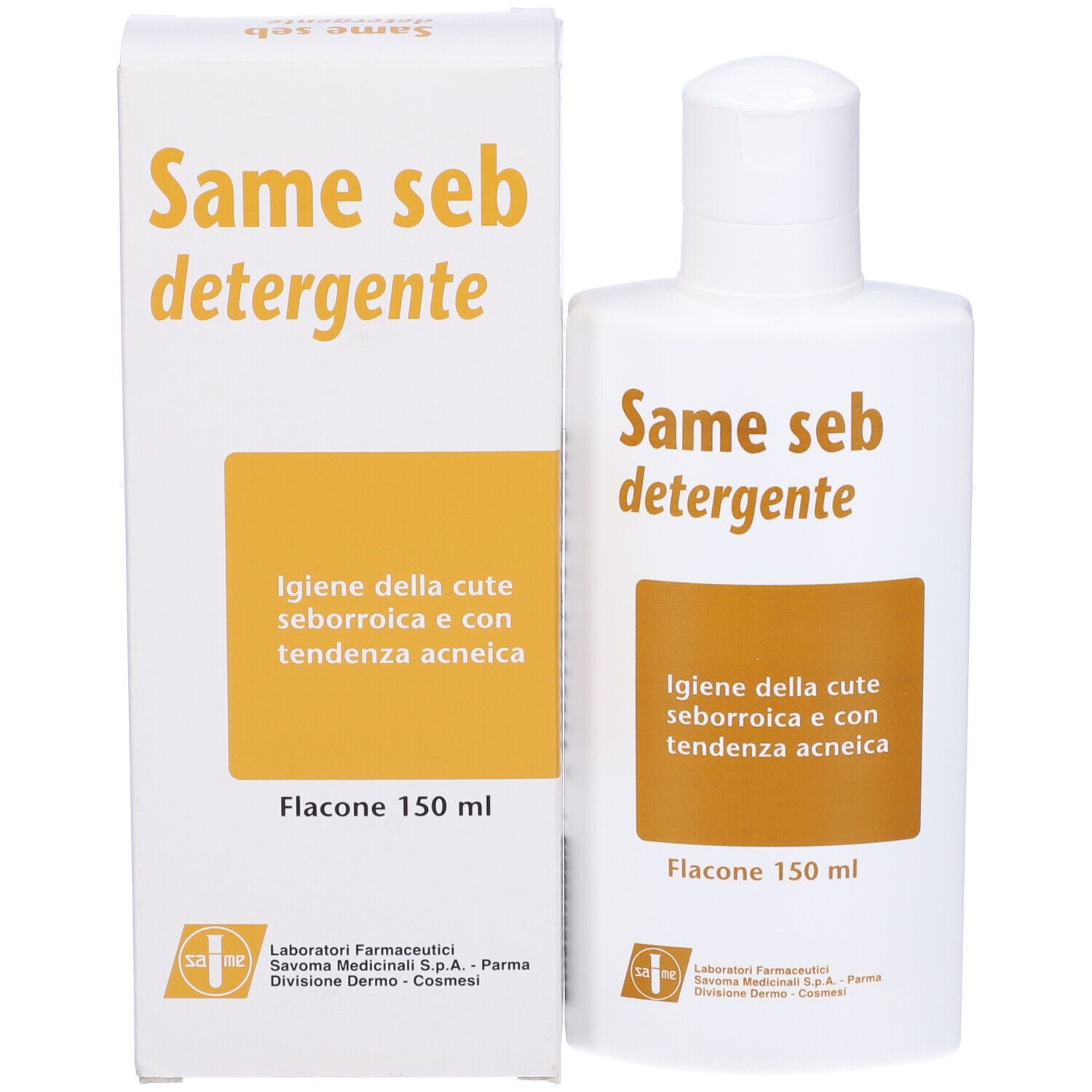 Flacone bianco e scatola. Nome prodotto e testo in italiano.