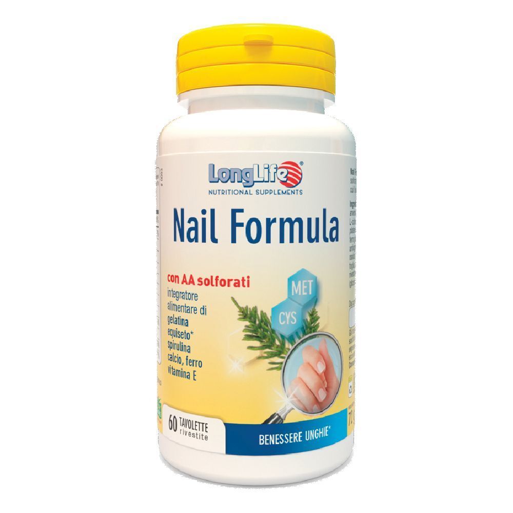 Flacone bianco con tappo giallo. Scritta: Nail Formula. Contiene 60 compresse. Con ingredienti come gelatina, spirulina, ferro e vitamina E.