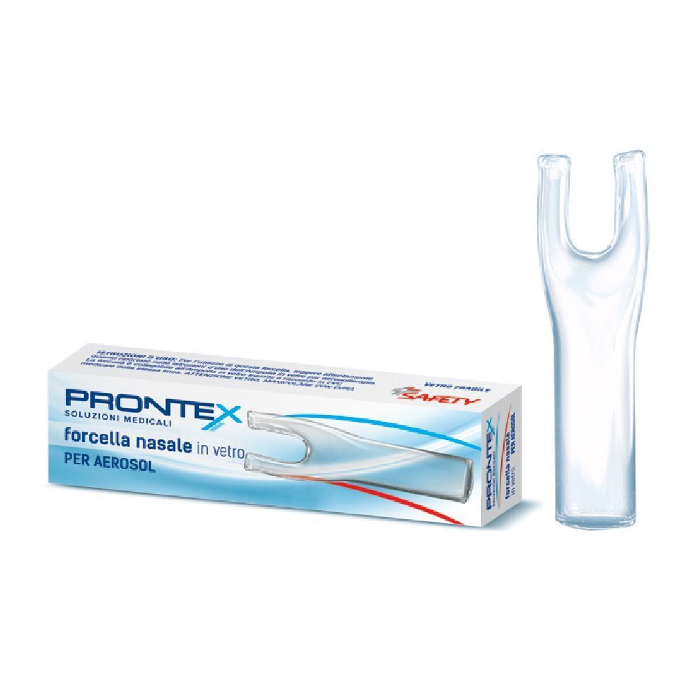 Forcella nasale in vetro e confezione. Scritta: Prontex, Forcella nasale in vetro per aerosol. Marchio di sicurezza.