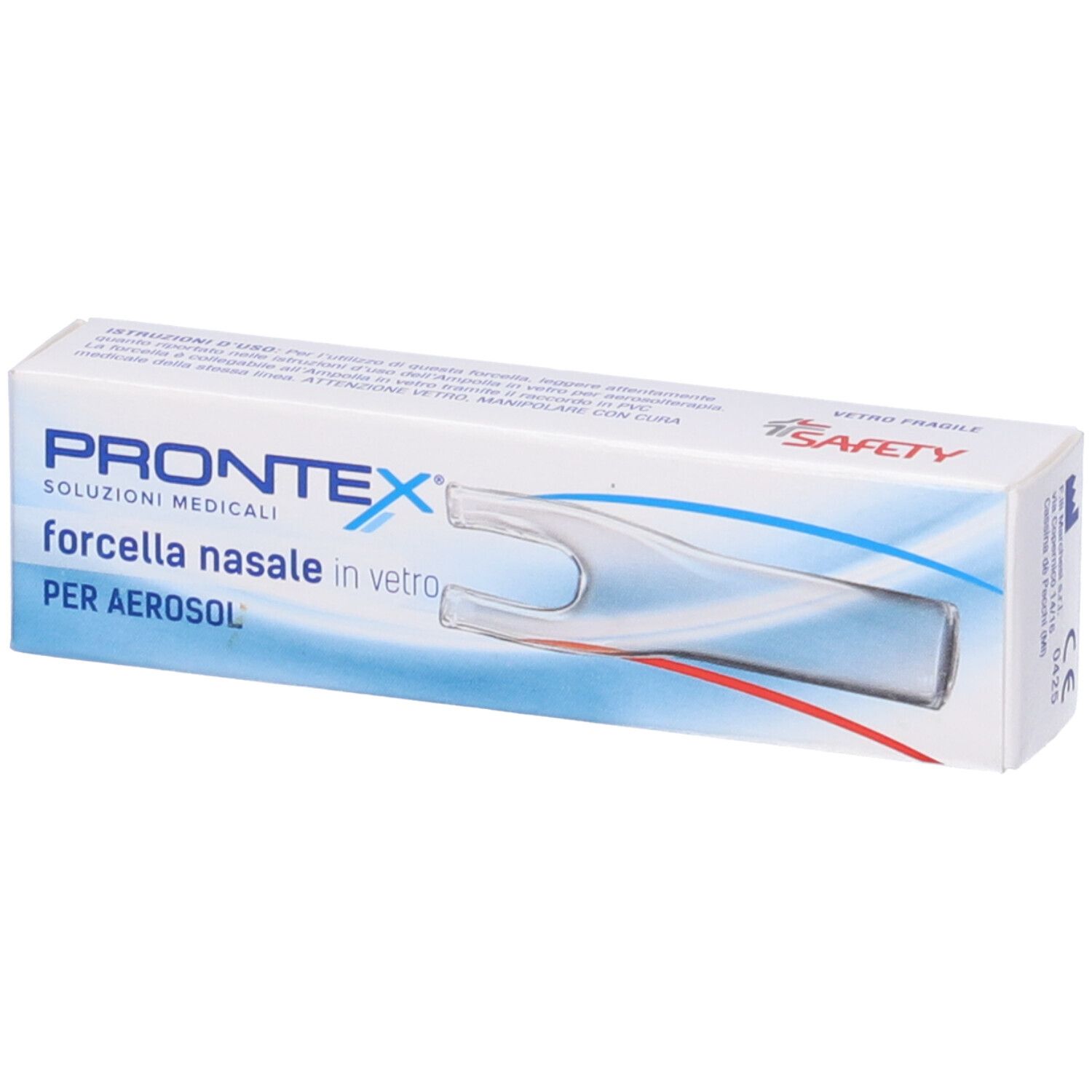 Confezione con immagine del dispositivo nasale. Scritta: Prontex, Forcella nasale in vetro per aerosol. Marchio di sicurezza.