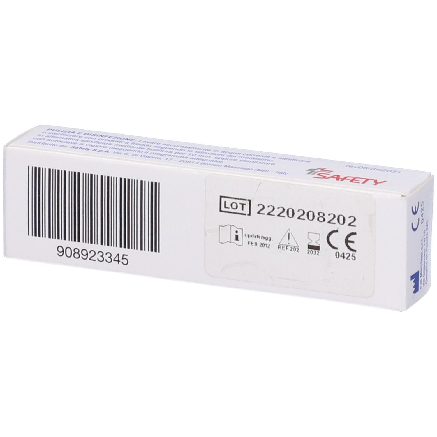 Retro della confezione. Codice a barre, numero di lotto, marchio CE e altri simboli. Scritta: Prontex.