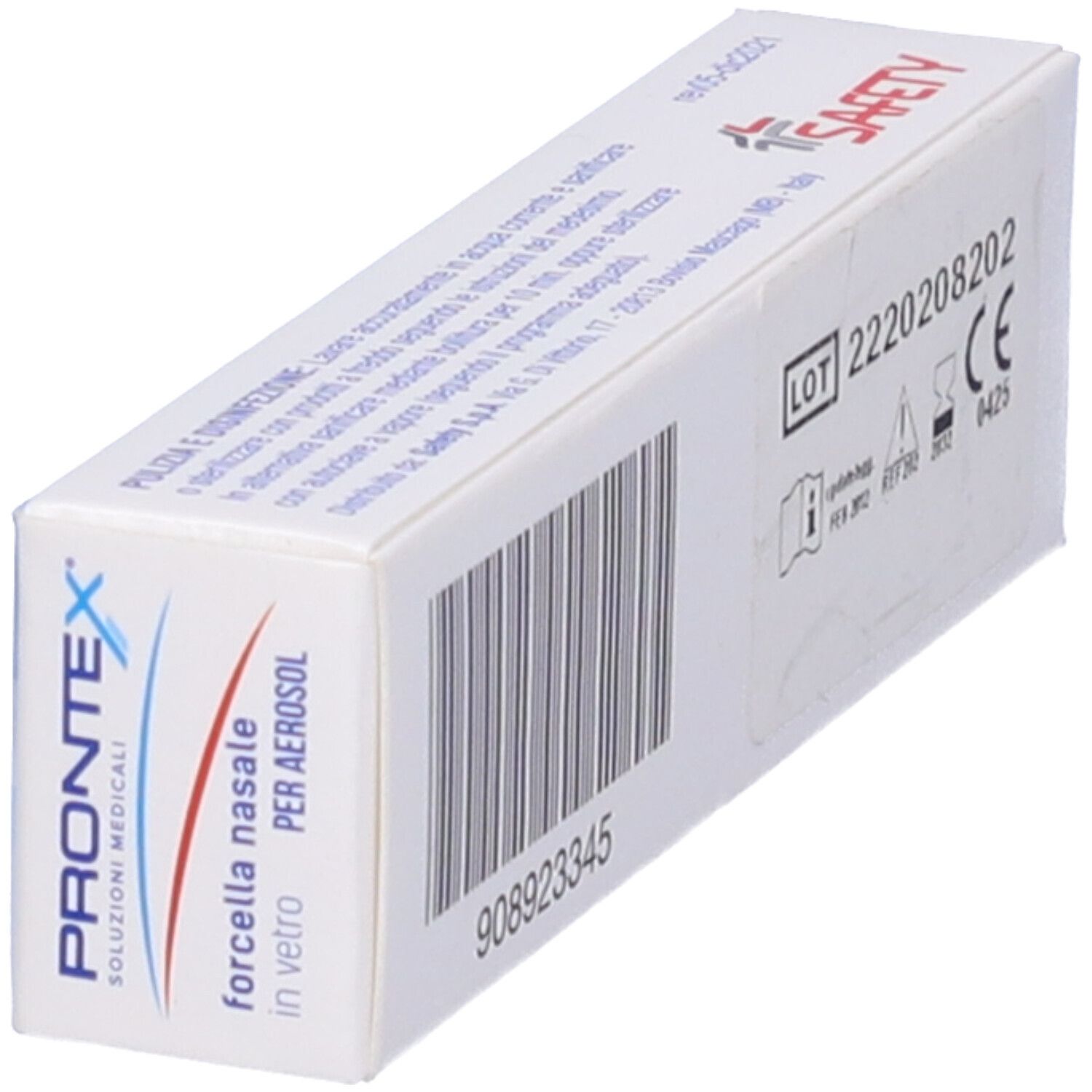 Confezione inclinata. Codice a barre, numero di lotto, marchio CE. Scritta: Prontex, Forcella nasale.