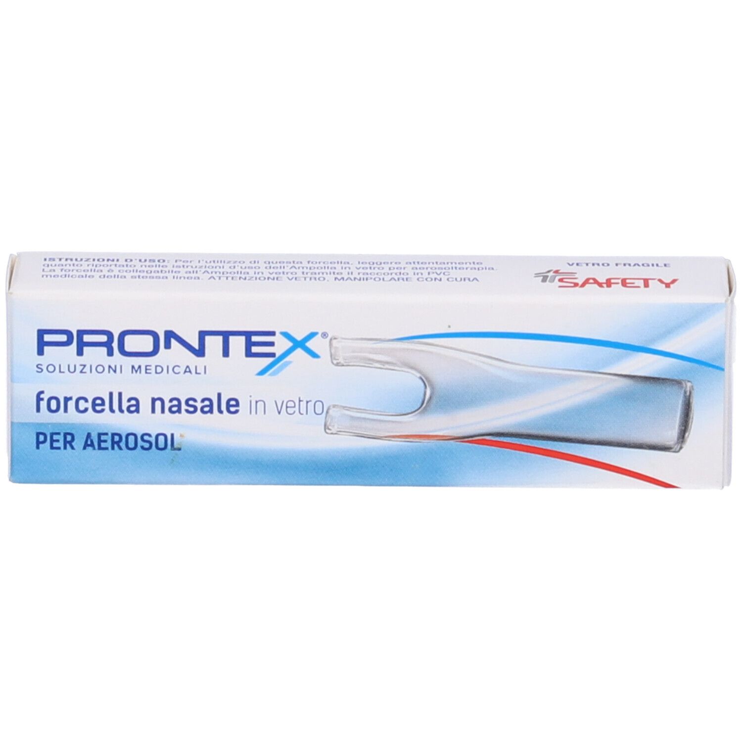 Confezione con immagine del dispositivo nasale. Scritta: Prontex, Forcella nasale in vetro per aerosol. Marchio di sicurezza.