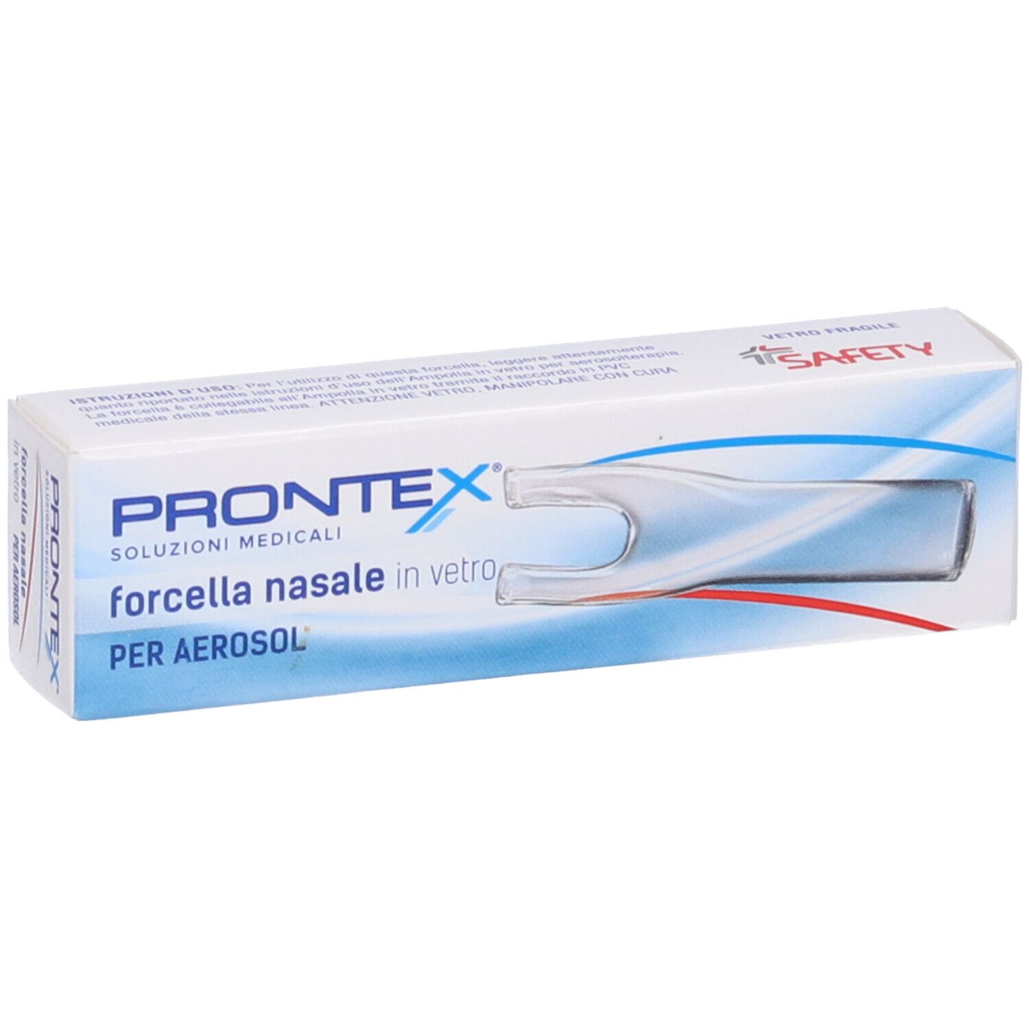 Confezione con immagine del dispositivo nasale. Scritta: Prontex, Forcella nasale in vetro per aerosol. Marchio di sicurezza.