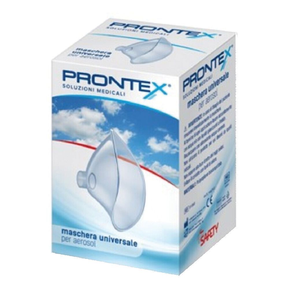 Maschera Prontex per aerosol in confezione. Scritta: Maschera Universale per Aerosol. Dispositivo medico.