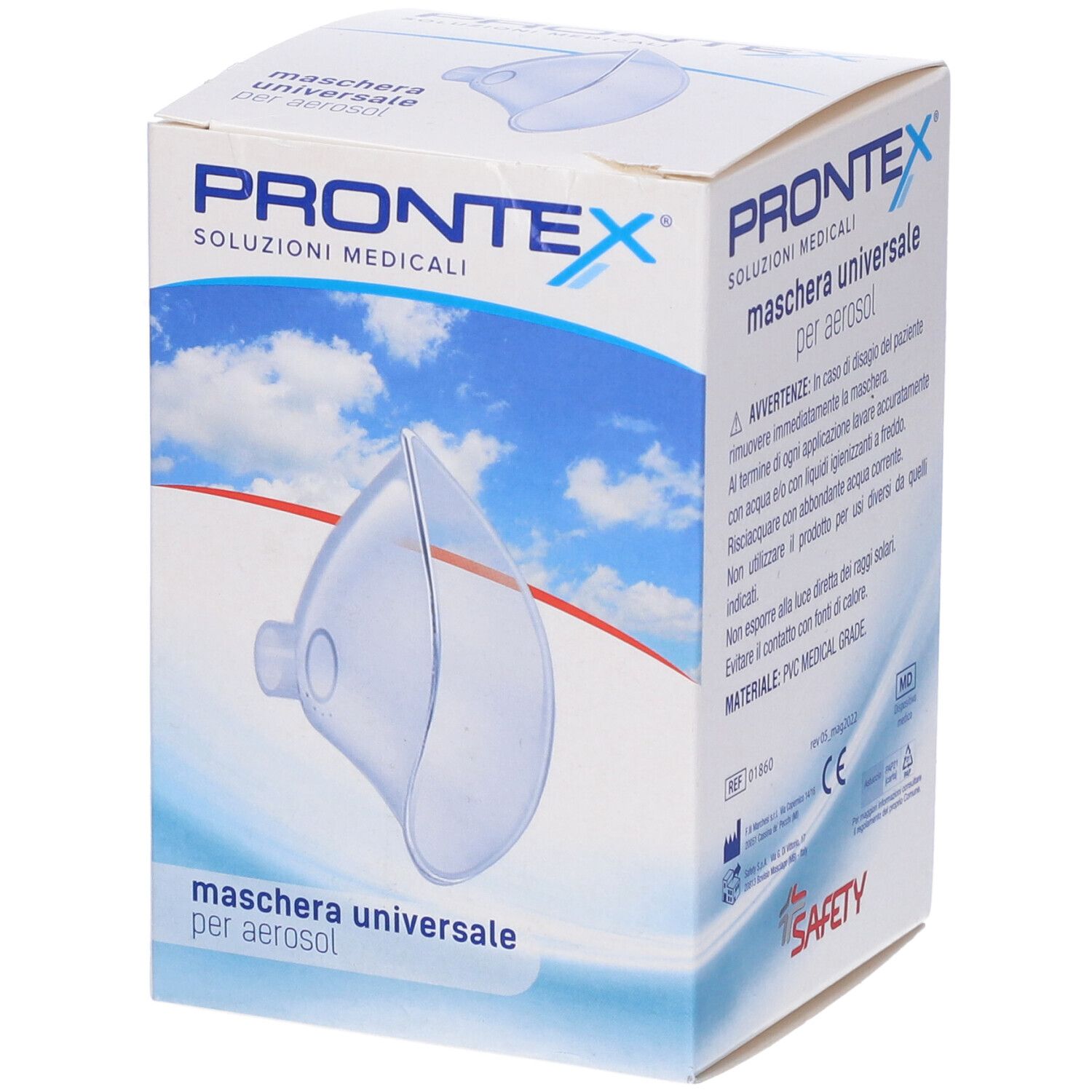 Maschera Prontex per aerosol in confezione. Scritta: Maschera Universale per Aerosol. Dispositivo medico.