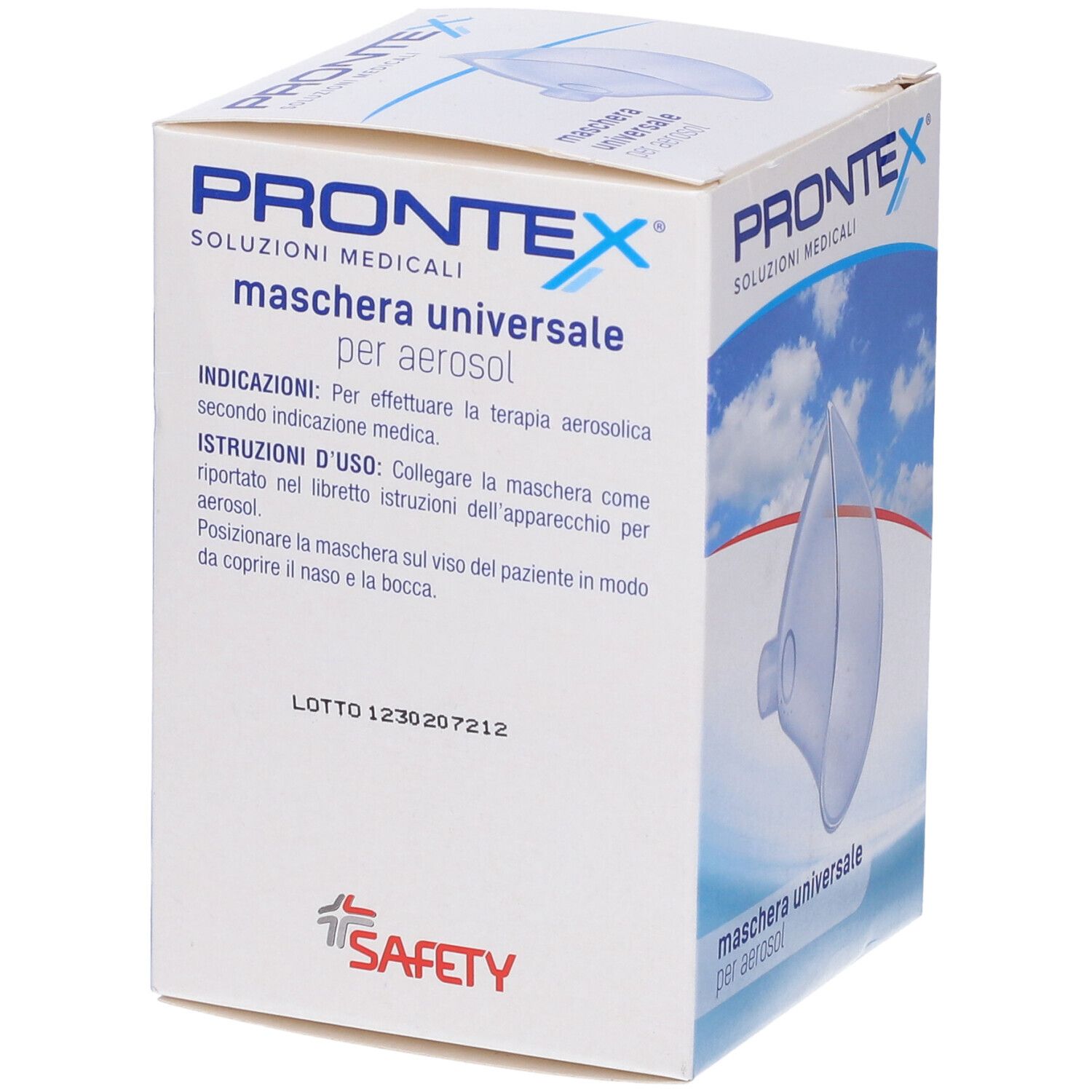 Maschera Prontex per aerosol in confezione. Scritta: Maschera Universale per Aerosol. Dispositivo medico.