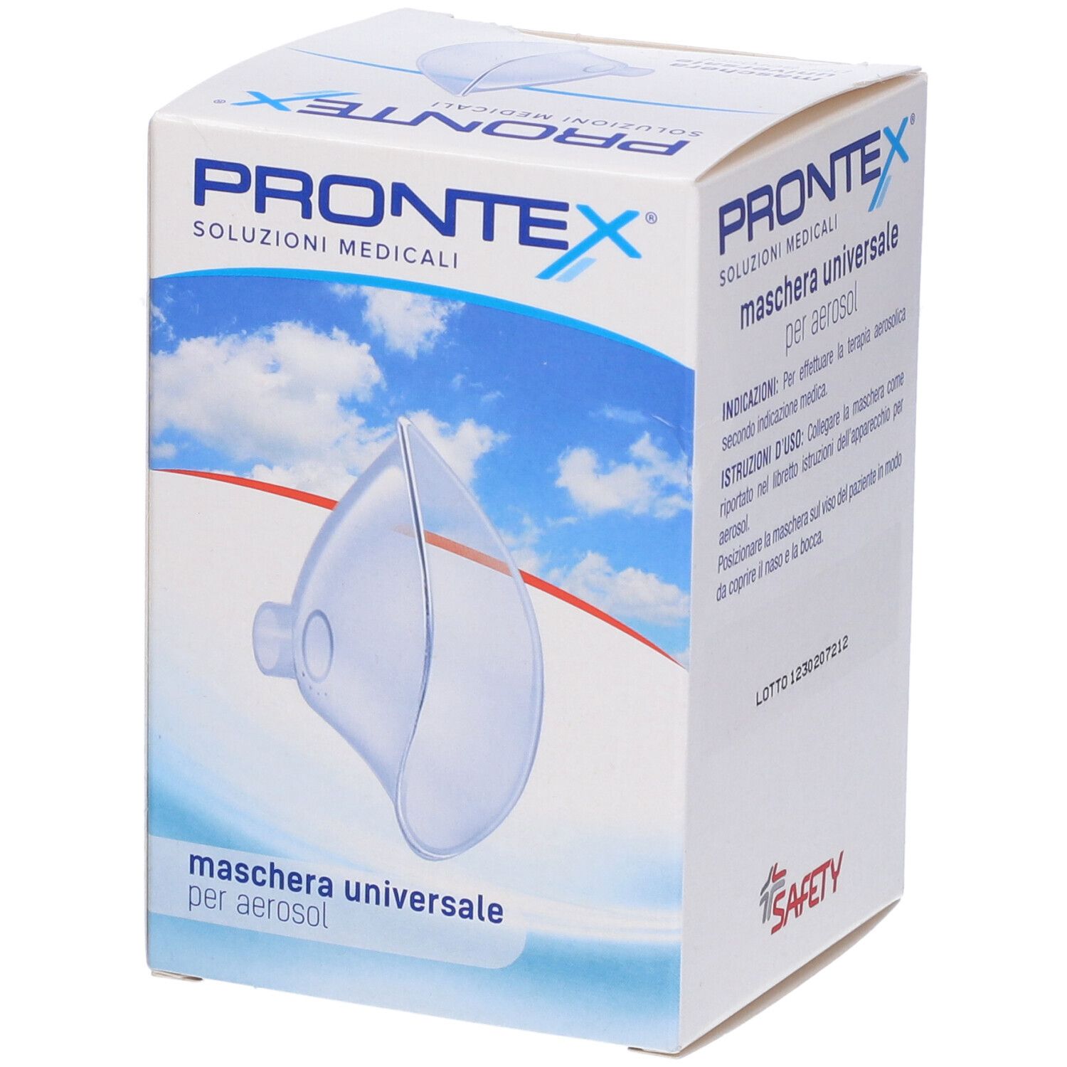Maschera Prontex per aerosol in confezione. Scritta: Maschera Universale per Aerosol. Dispositivo medico.
