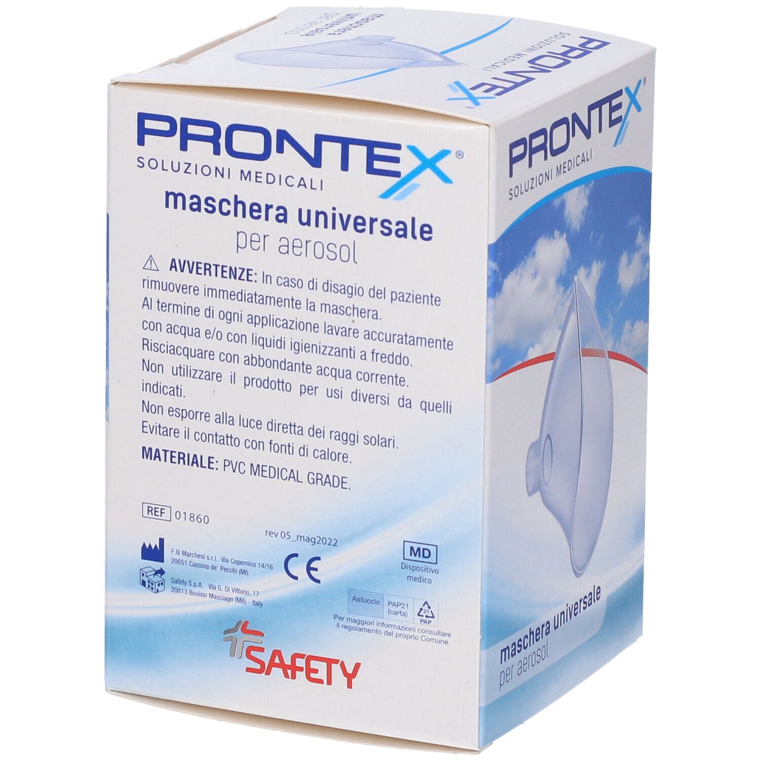 Maschera Prontex per aerosol in confezione. Scritta: Maschera Universale per Aerosol. Dispositivo medico.