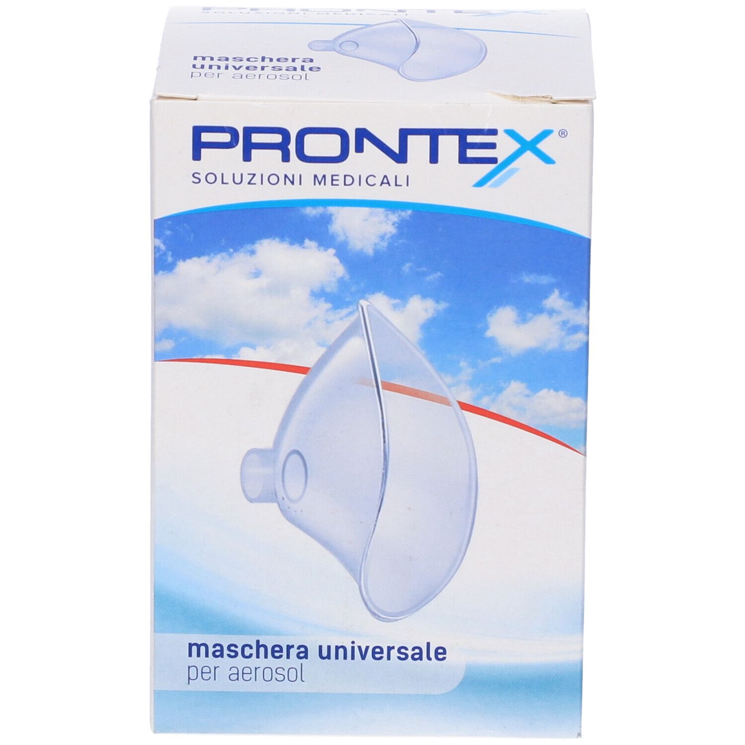 Maschera Prontex per aerosol in confezione. Scritta: Maschera Universale per Aerosol. Dispositivo medico.