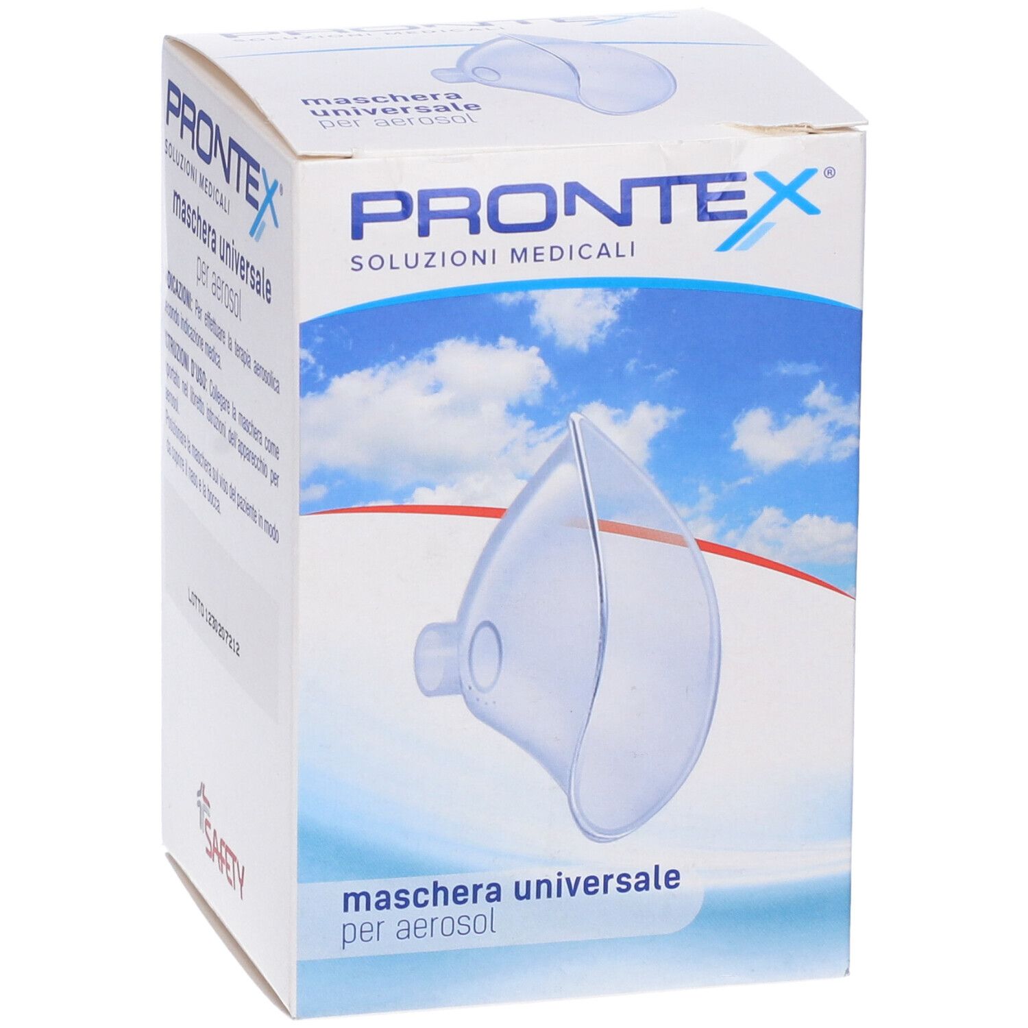 Maschera Prontex per aerosol in confezione. Scritta: Maschera Universale per Aerosol. Dispositivo medico.