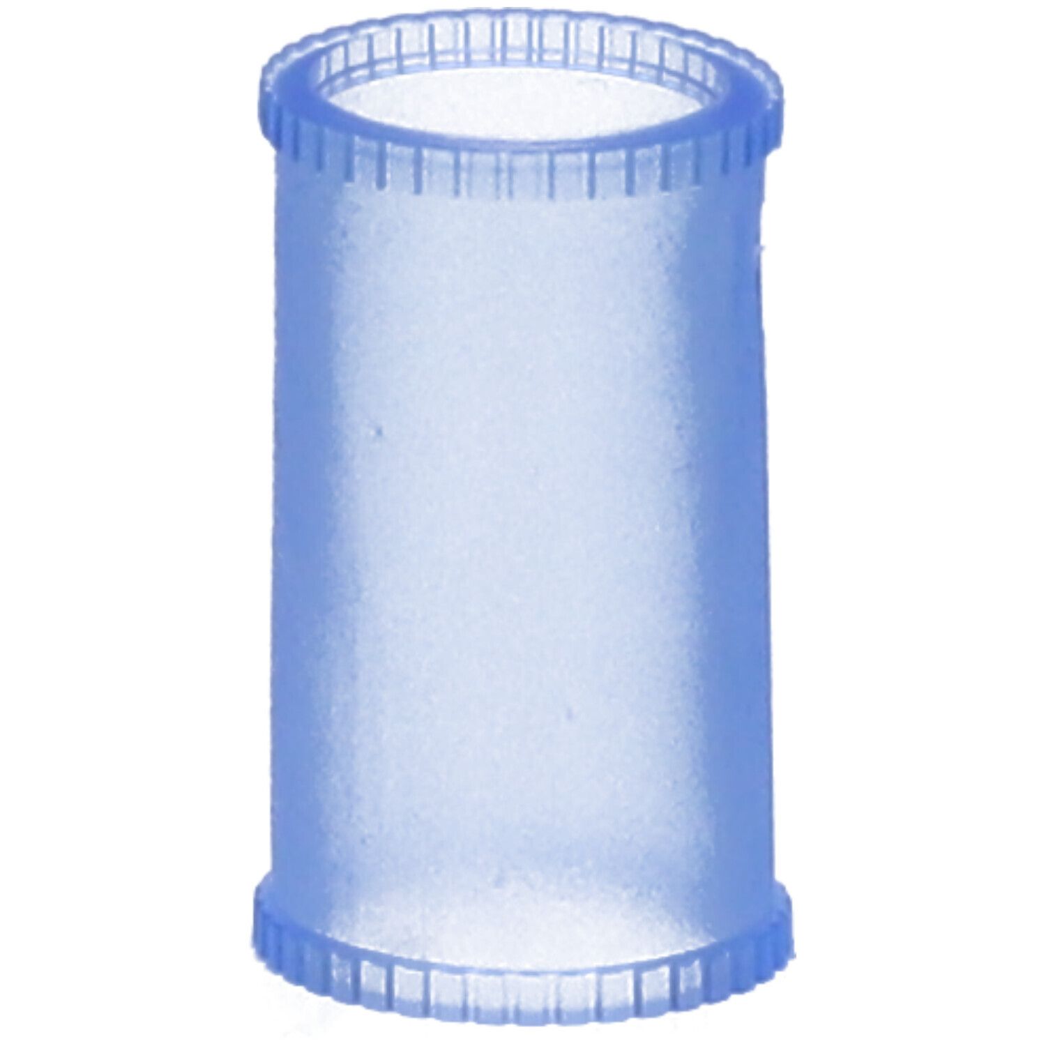 Raccordo cilindrico in plastica blu con bordi scanalati. Componente per aerosol.