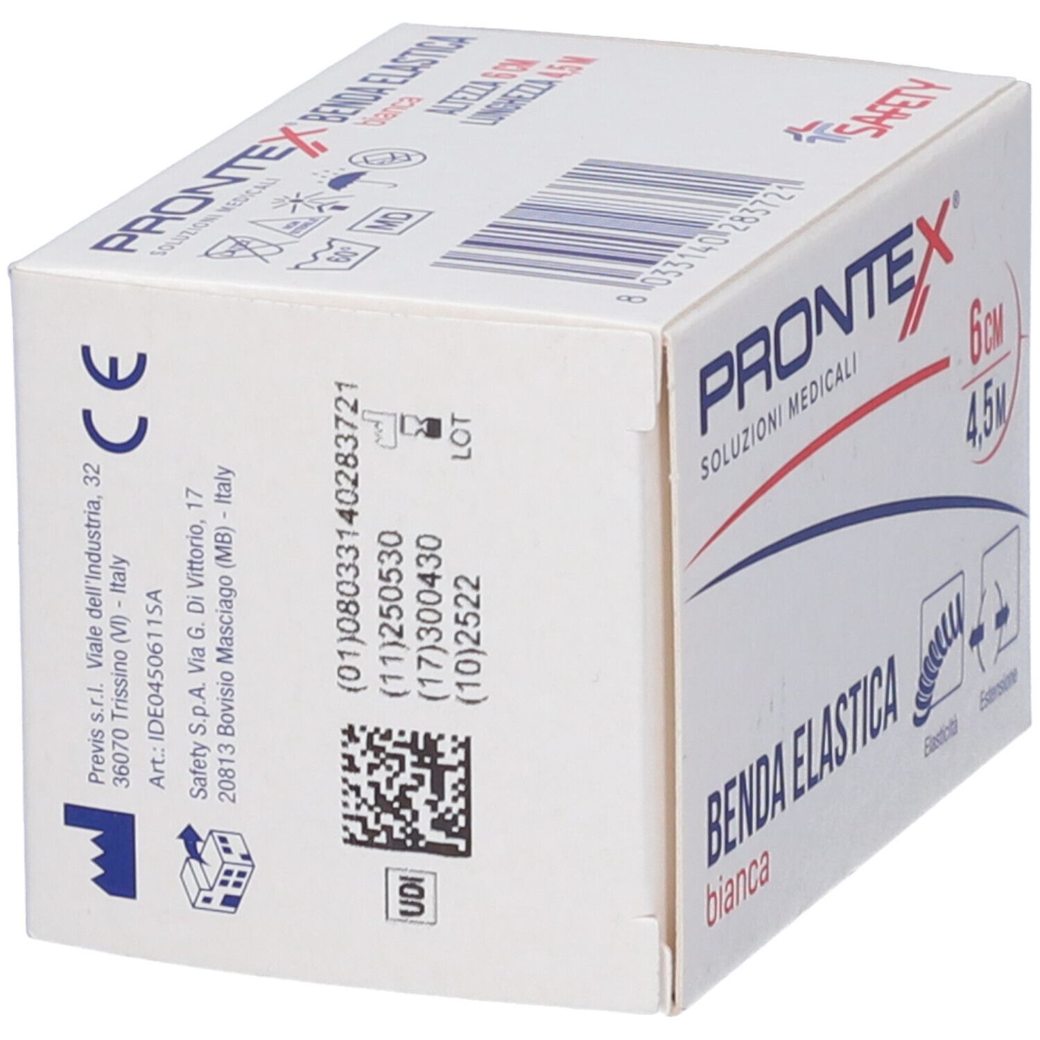 Weiße Schachtel mit Produktinformationen. Aufschrift: Prontex Benda Elastica Bianca, 6 cm x 4,5 m. CE-Kennzeichnung.