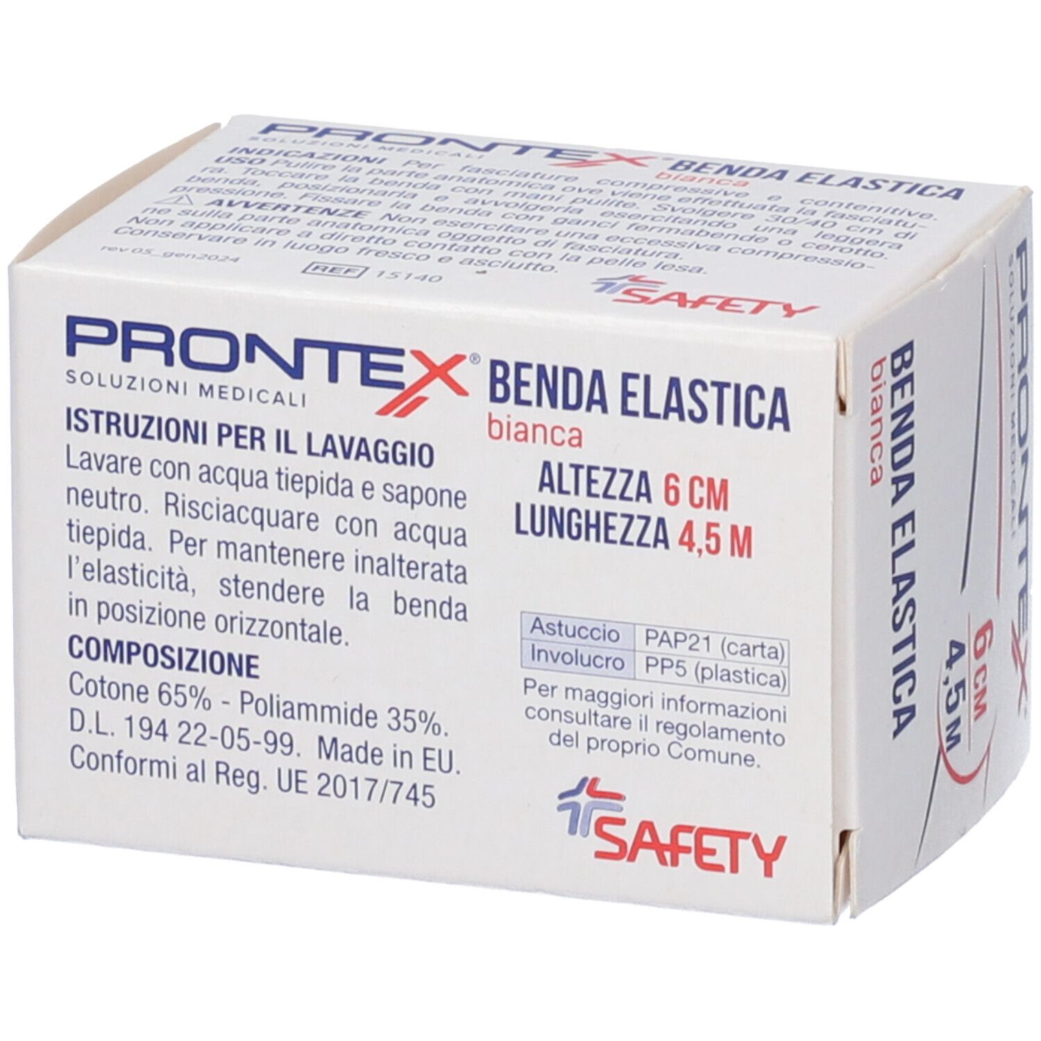 Weiße Schachtel mit Produktinformationen und Waschhinweisen. Aufschrift: Prontex Benda Elastica Bianca, 6 cm x 4,5 m. Sicherheitslogo.