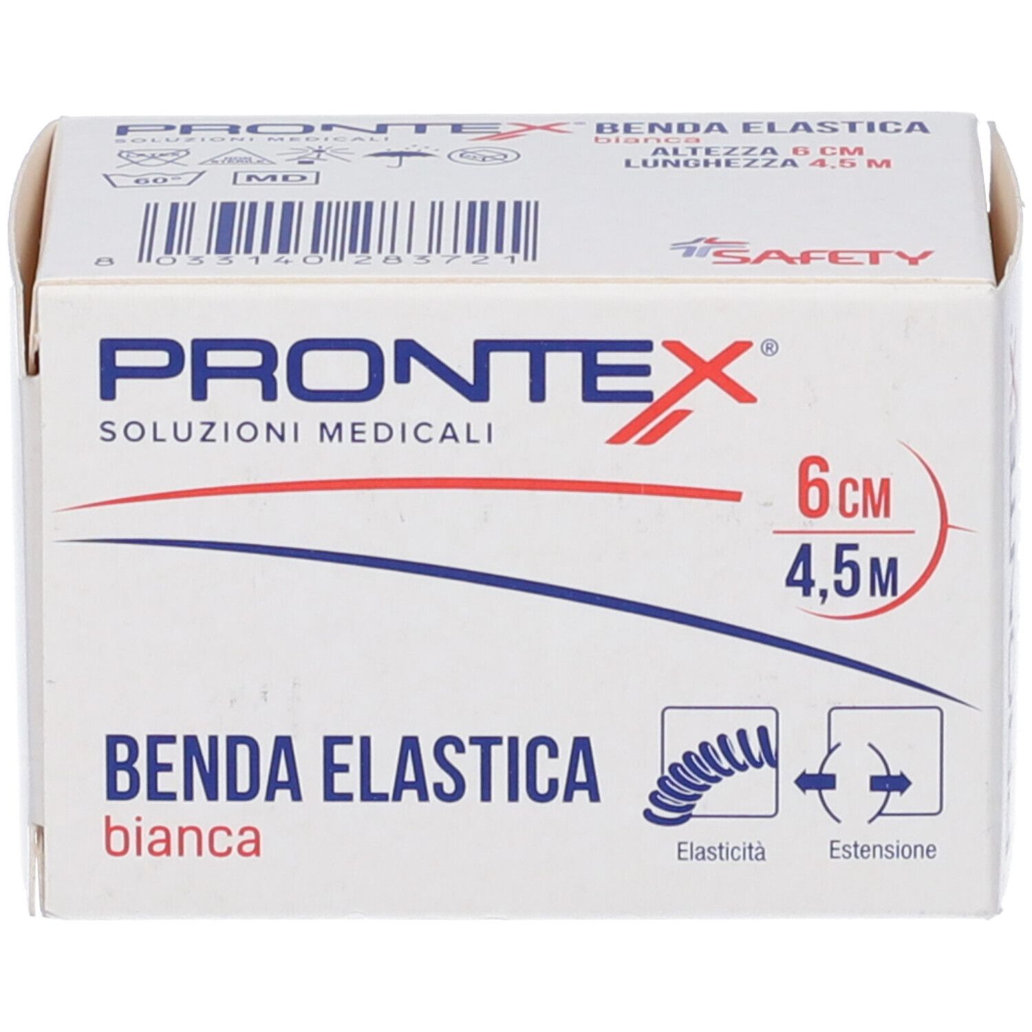 Weiße Schachtel mit roter und blauer Grafik. Aufschrift: Prontex Benda Elastica Bianca, 6 cm x 4,5 m. Sicherheitslogo.