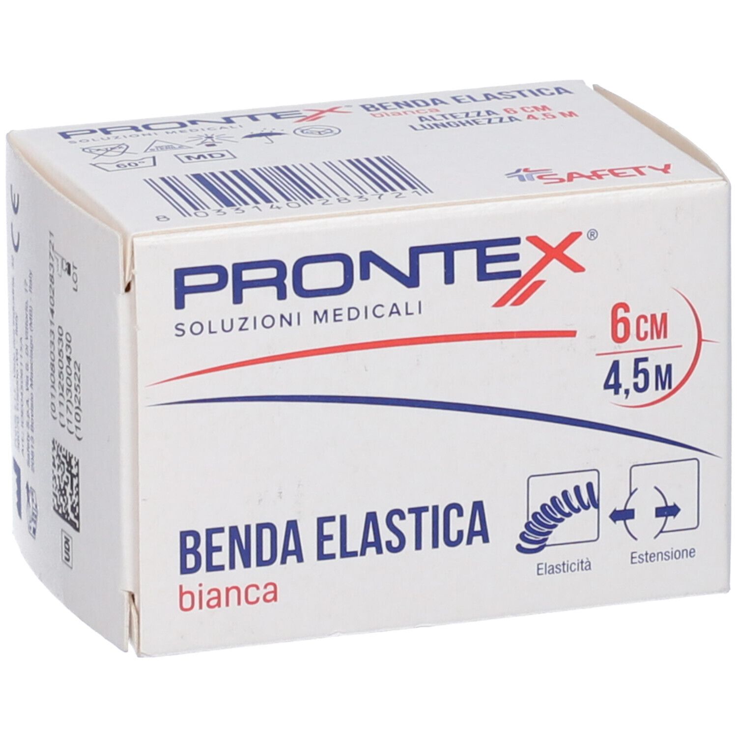 Weiße Schachtel mit roter und blauer Grafik. Aufschrift: Prontex Benda Elastica Bianca, 6 cm x 4,5 m. Sicherheitslogo.