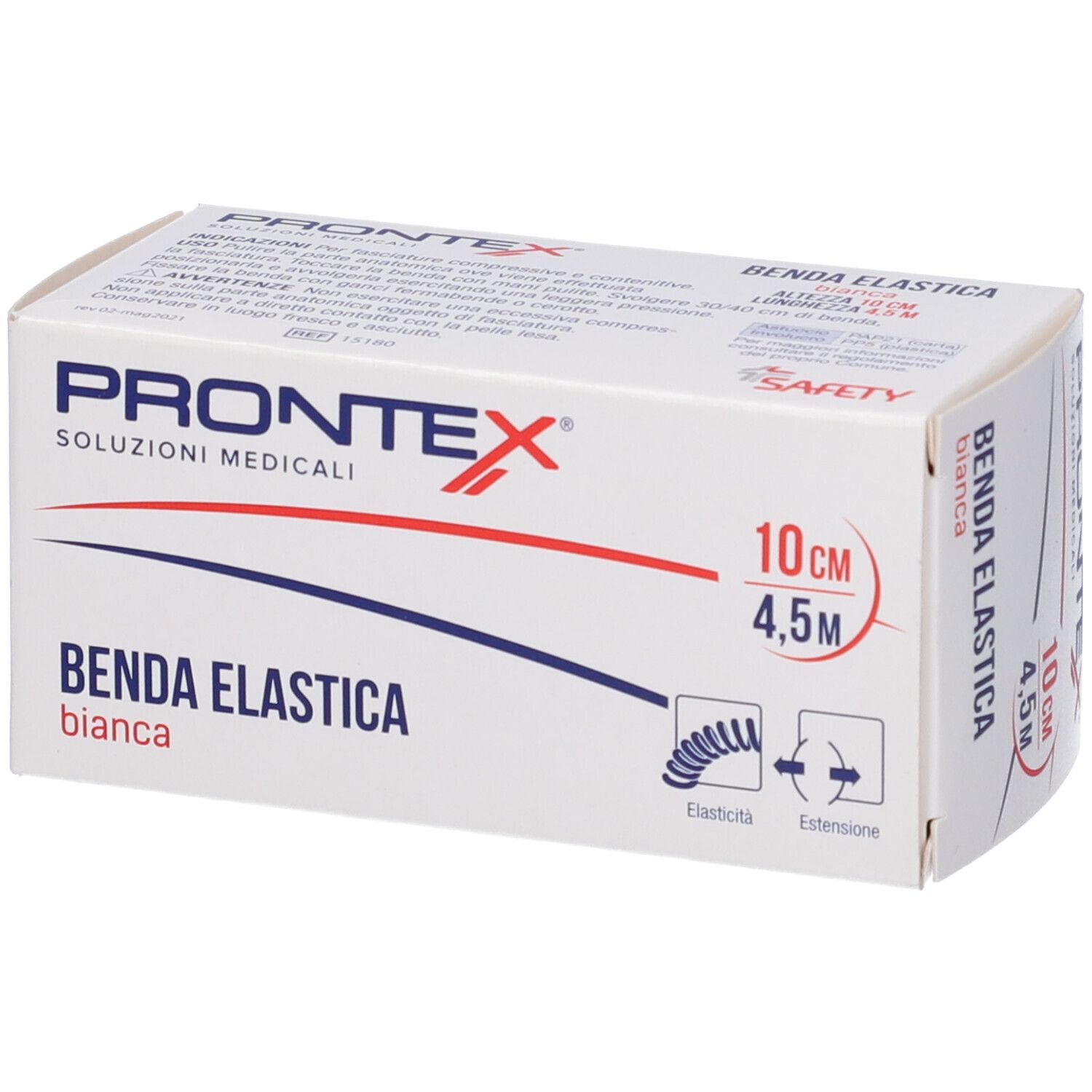 Verpackung medizinischer elastischer Binde. Aufdruck: Prontex, Benda Elastica, 10cm x 4,5m. Illustration: Elastizität.