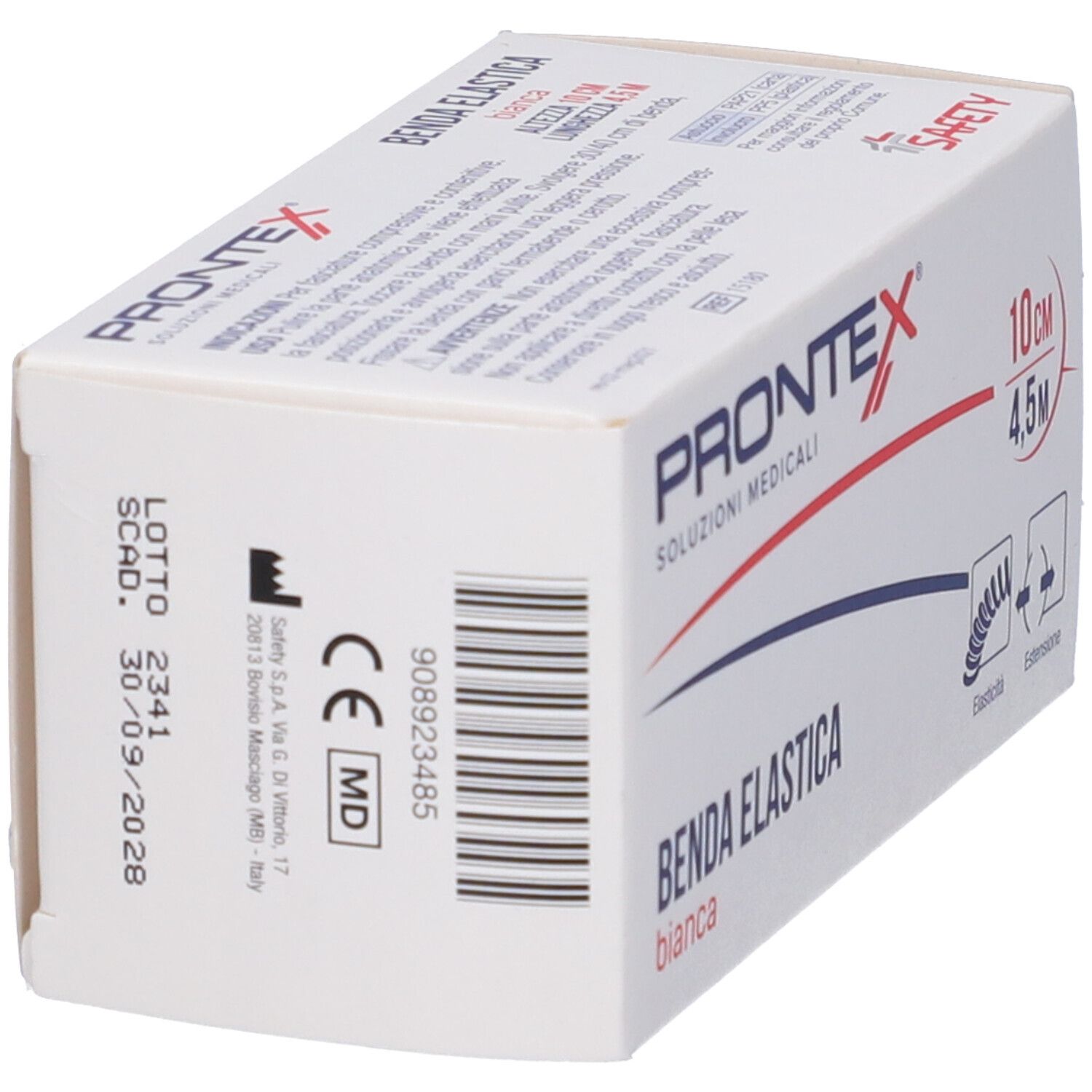 Verpackung medizinischer elastischer Binde. Aufdruck: Prontex, Benda Elastica, 10cm x 4,5m. CE-Kennzeichnung.
